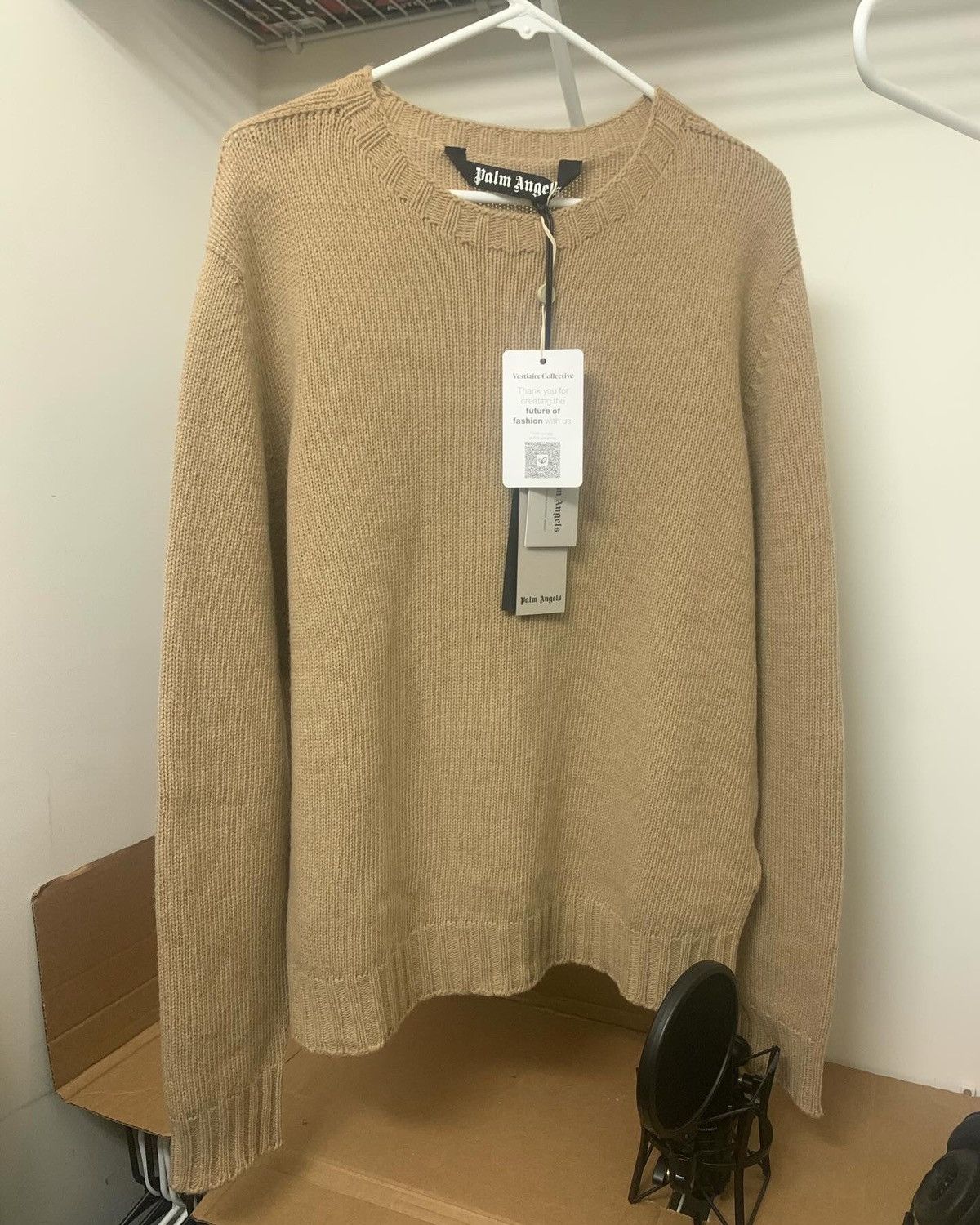 image of Palm Angels Wool Curved Logo Sweater in Beige, Men's (Size Medium)