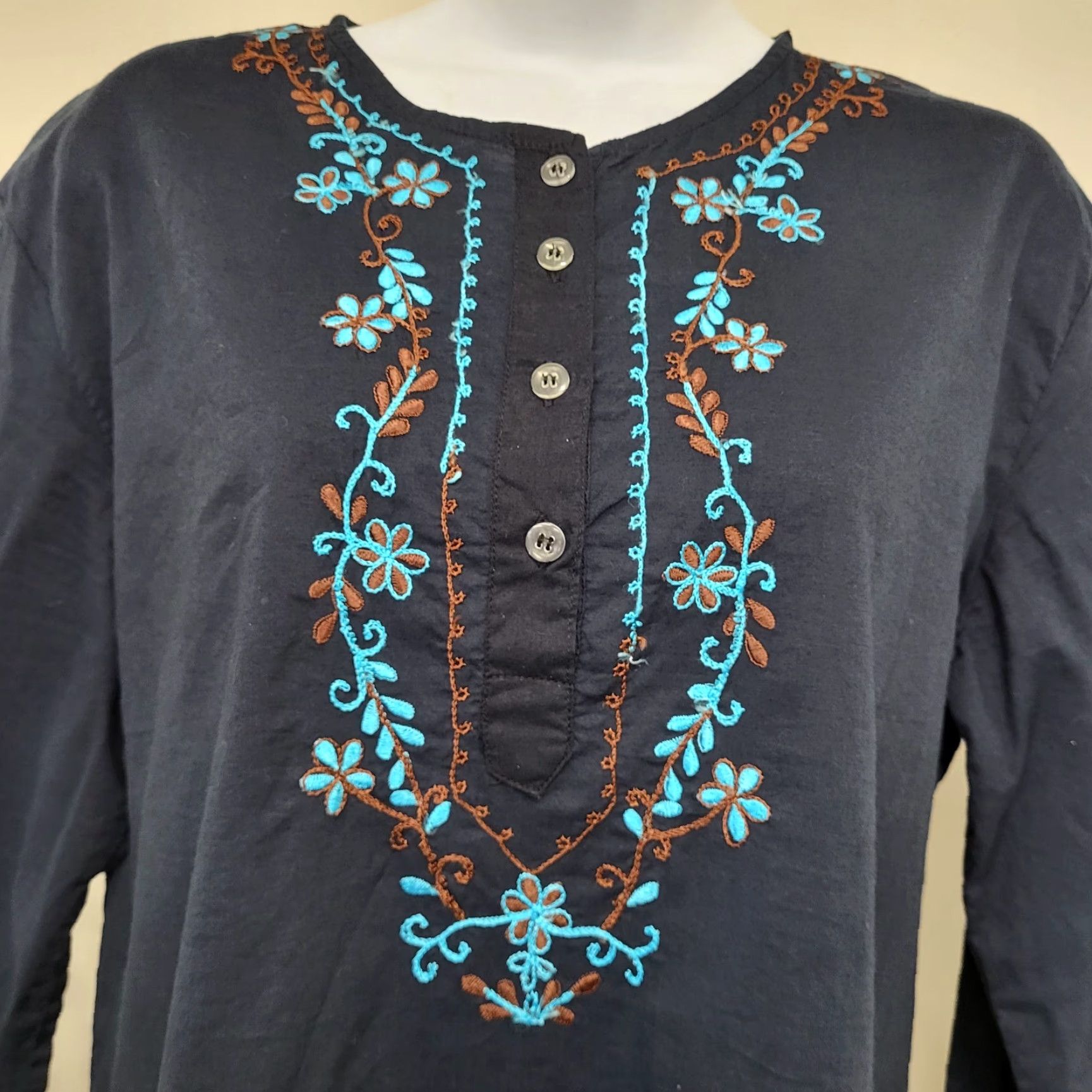 Vintage Cejon Blouse Women's M/L Black Teal Embroidered Long Sleeve Tunic Boho Shirt Dress? Size M / US 6-8 / IT 42-44 - 6 Thumbnail