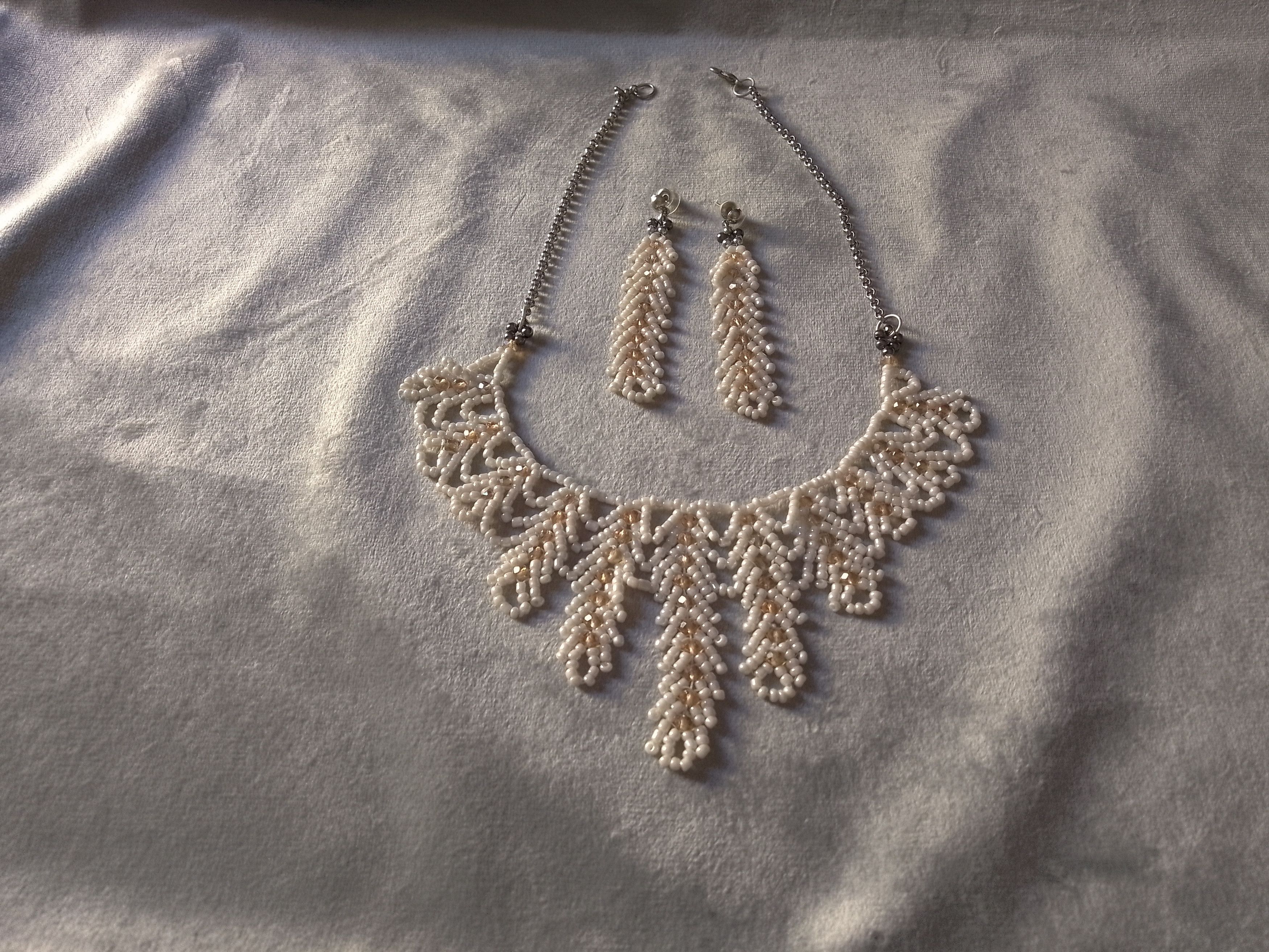 Handmade Necklace Ivory Elegant Wedding Embroidered Crystals Earrings Size ONE SIZE - 4 Thumbnail