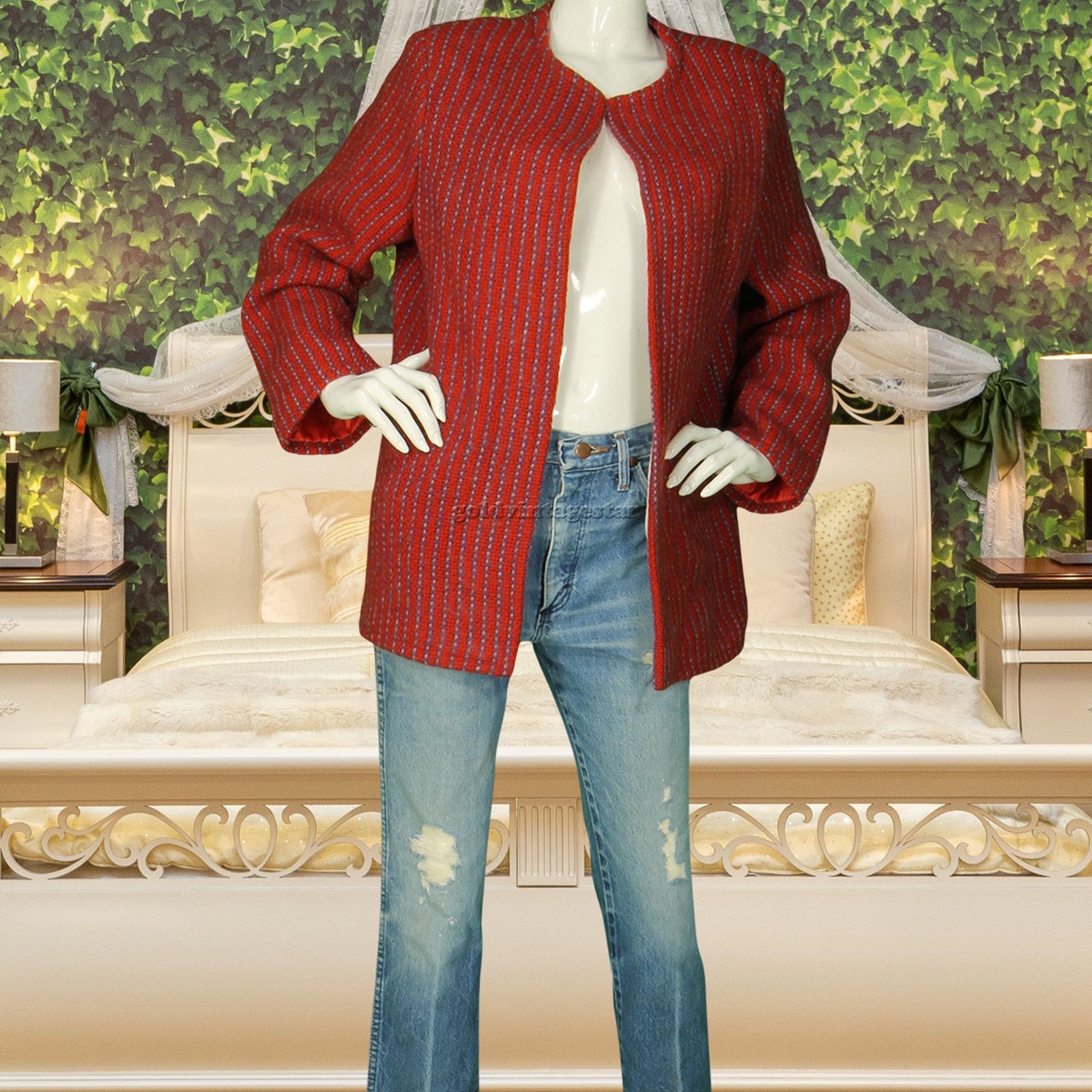 image of Vintage Vertical Striped Wool Open Blazer Coat Jacket M in Red, Women's (Size Medium)