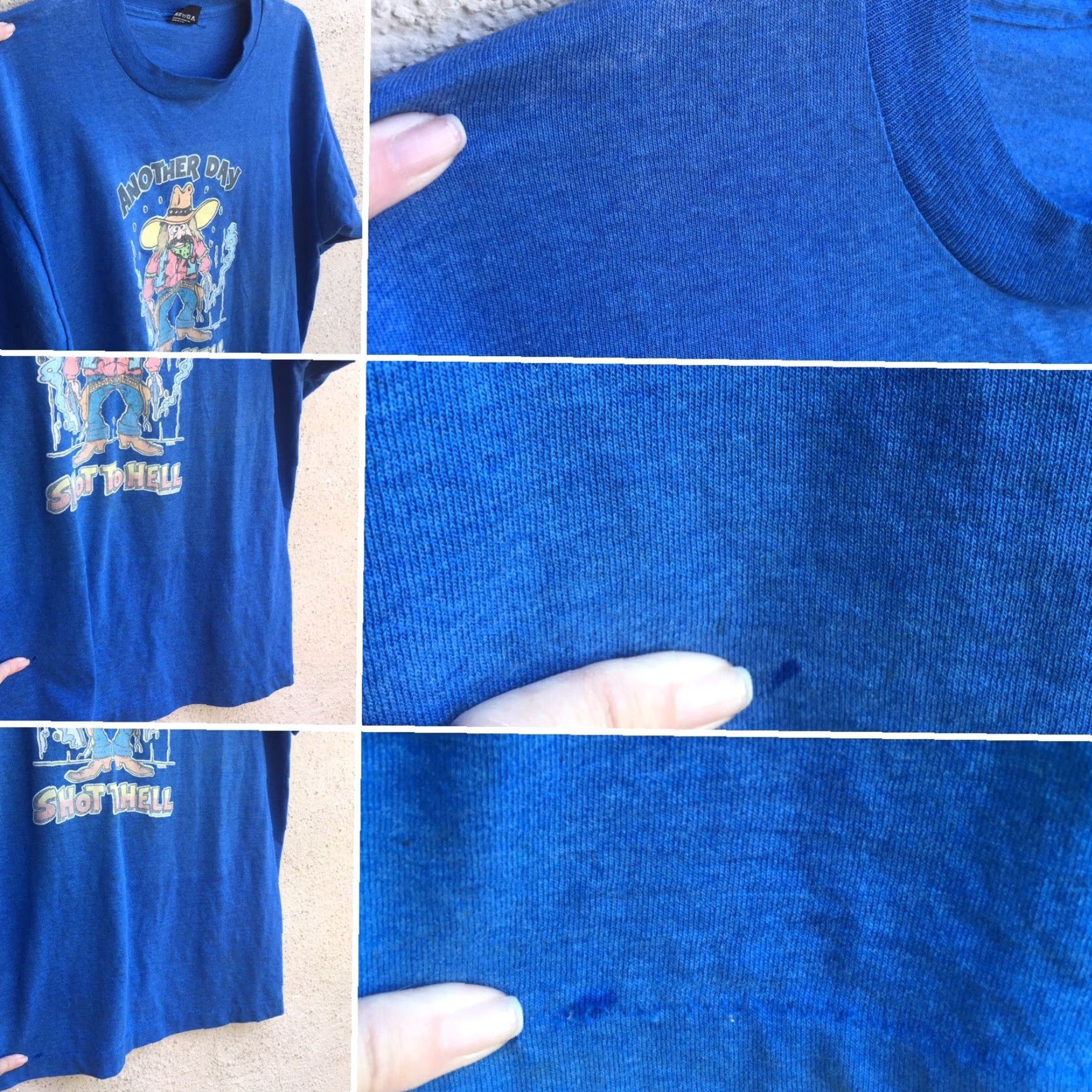 Vintage VINTAGE Screen Stars T-Shirt 1980s XL Blue Men Short Sleeve Graphic Tee Cowboy Iron On Another Day Shot To Hell 80s Size US XL / EU 56 / 4 - 7 Thumbnail