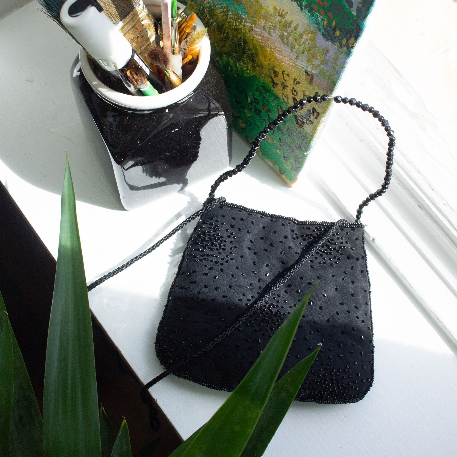 Vintage Y2K Beaded Satin Handbag with Top Handle Black Size ONE SIZE - 9 Thumbnail