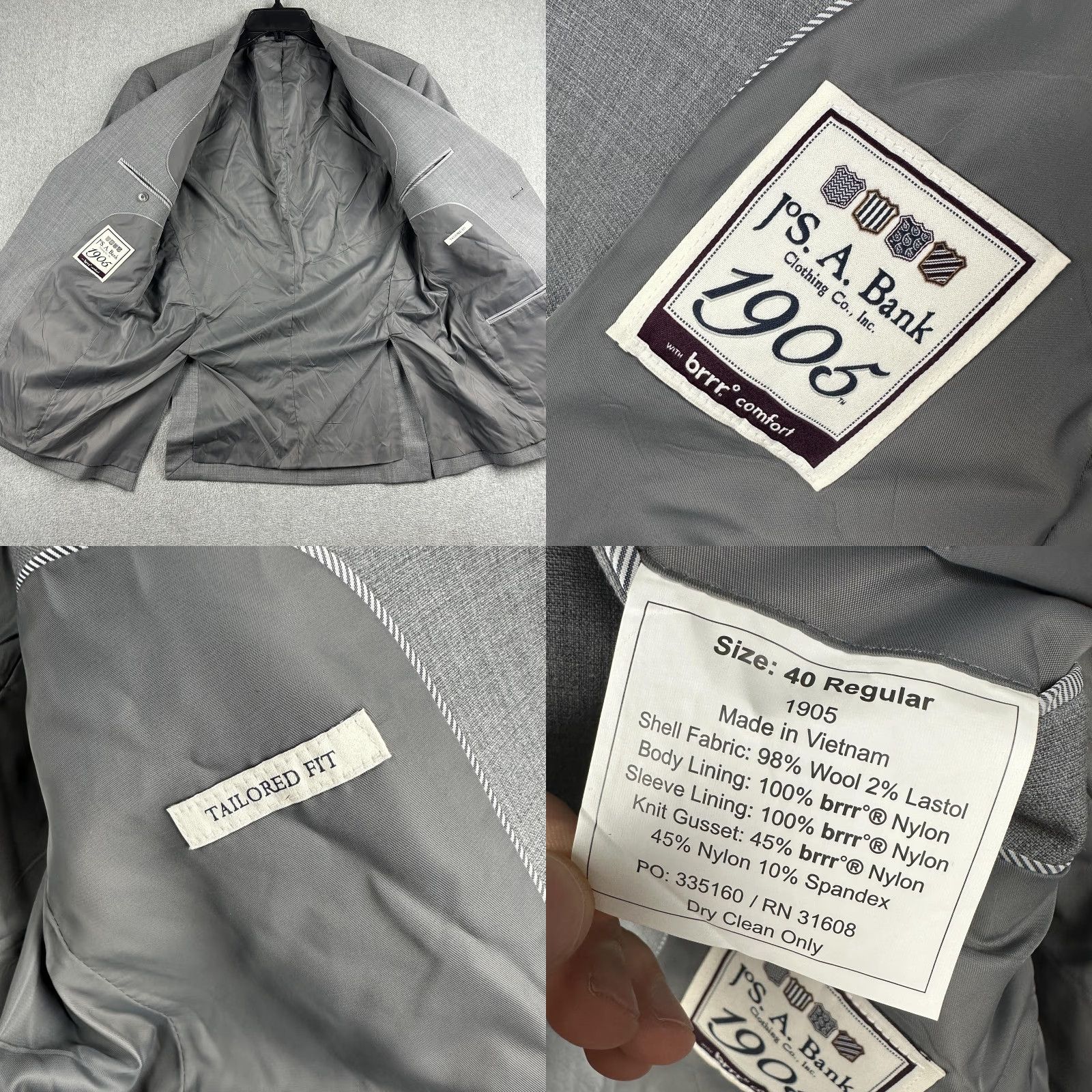 Jos. A. Bank Jos. A. Bank 1905 Suit Jacket Mens 40R Gray Wool Two-Button Slim Tailored Fit Notch Lapel Basic Formal Wedding Business Chocolate Gray Size 40R - 8 Thumbnail