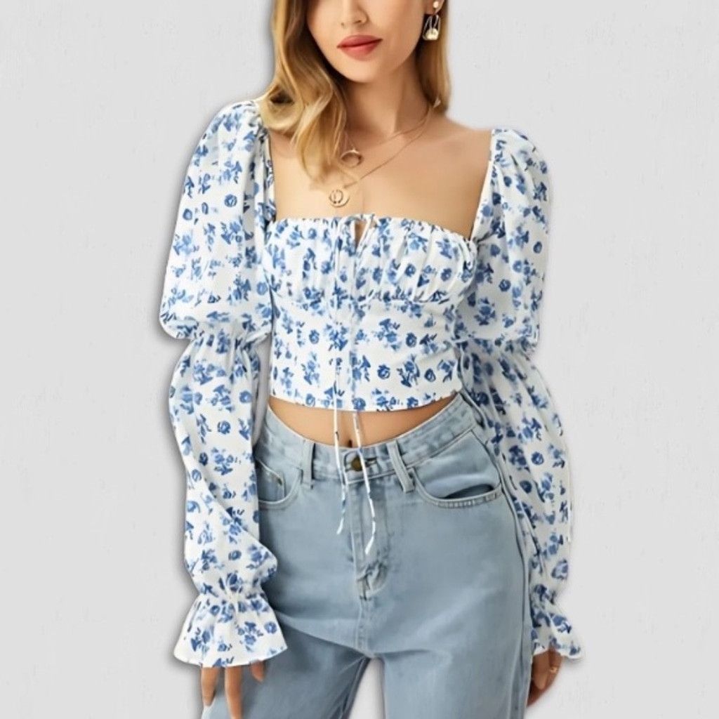 Vintage Y2K boho Cropped Top Tie Trumpet Sleeves Floral Blue White M Size M / US 6-8 / IT 42-44 - 1 Thumbnail