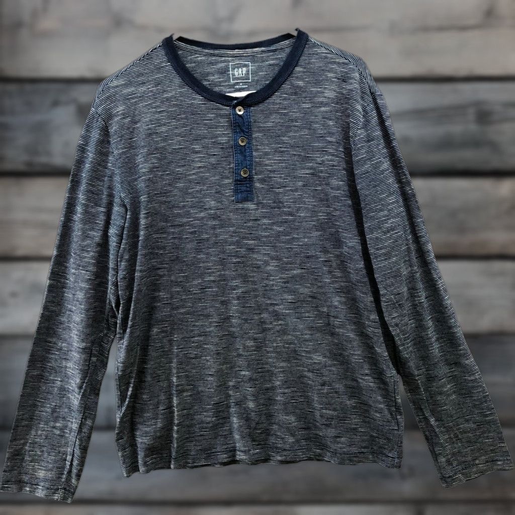 Gap Gap Mens M Long Sleeve Henley T-Shirt Navy Blue Striped Cotton Fall Winter Spring Size US M / EU 48-50 / 2 - 1 Thumbnail