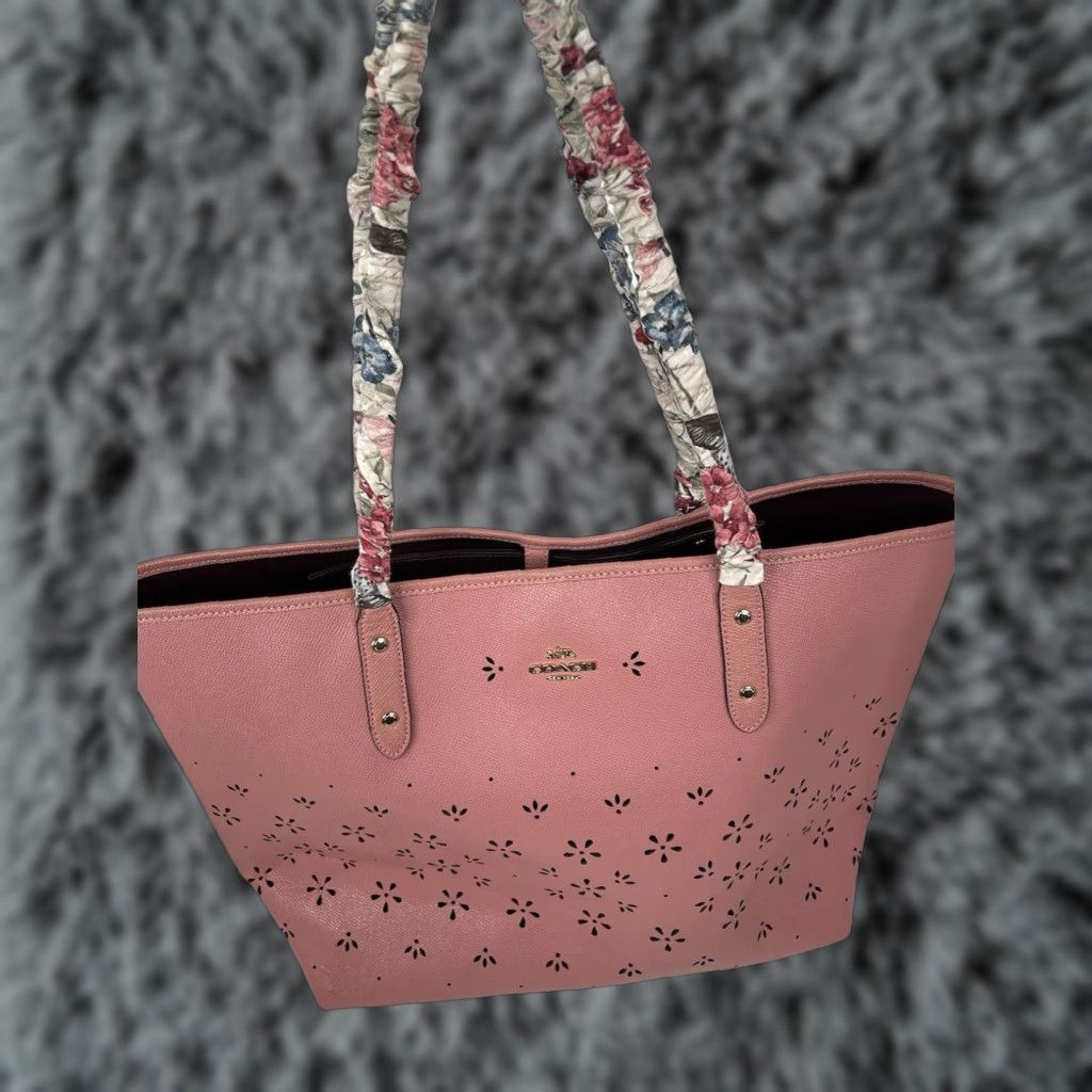 Coach Pink Floral Perforated Leather Tote Bag Women's Double Handle 18" X 11" X 6"
