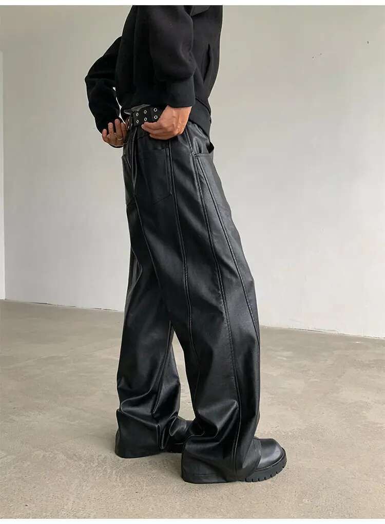 Japanese Brand Streetwear Casual Pu Leather Straight Wide Leg Trousers Size US 33 - 4 Thumbnail