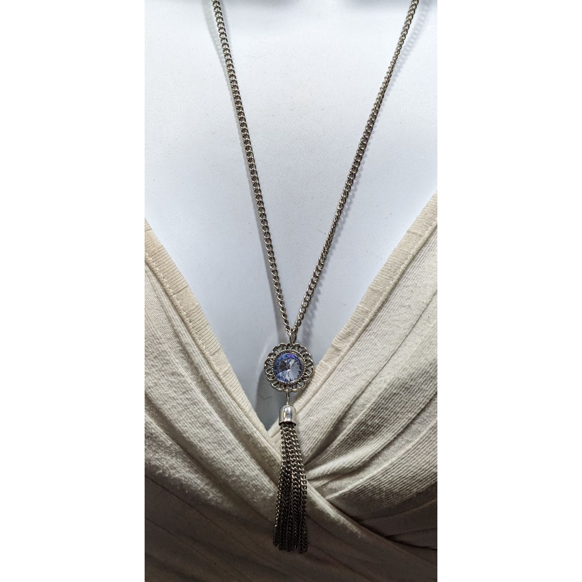 Other Blue Crystal Pendant Tassel Necklace On Silver Tone Chain Size ONE SIZE - 2 Thumbnail