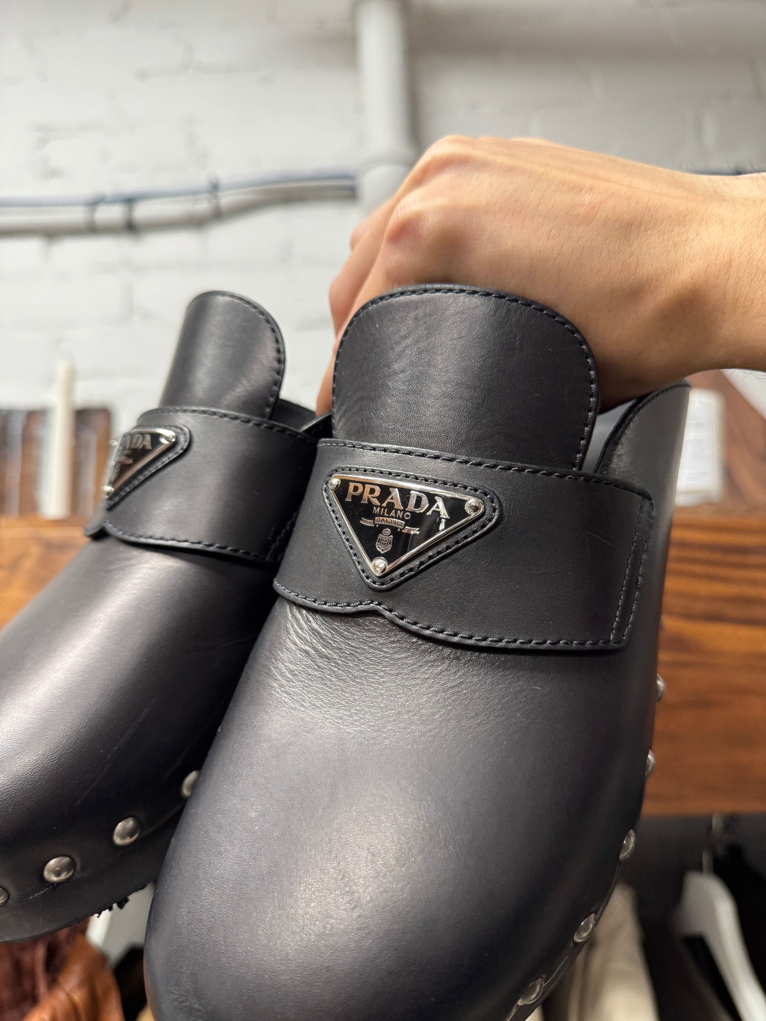 Prada Prada Leather Studded Wood Sole Clogs Size US 9 / EU 42 - 2 Thumbnail