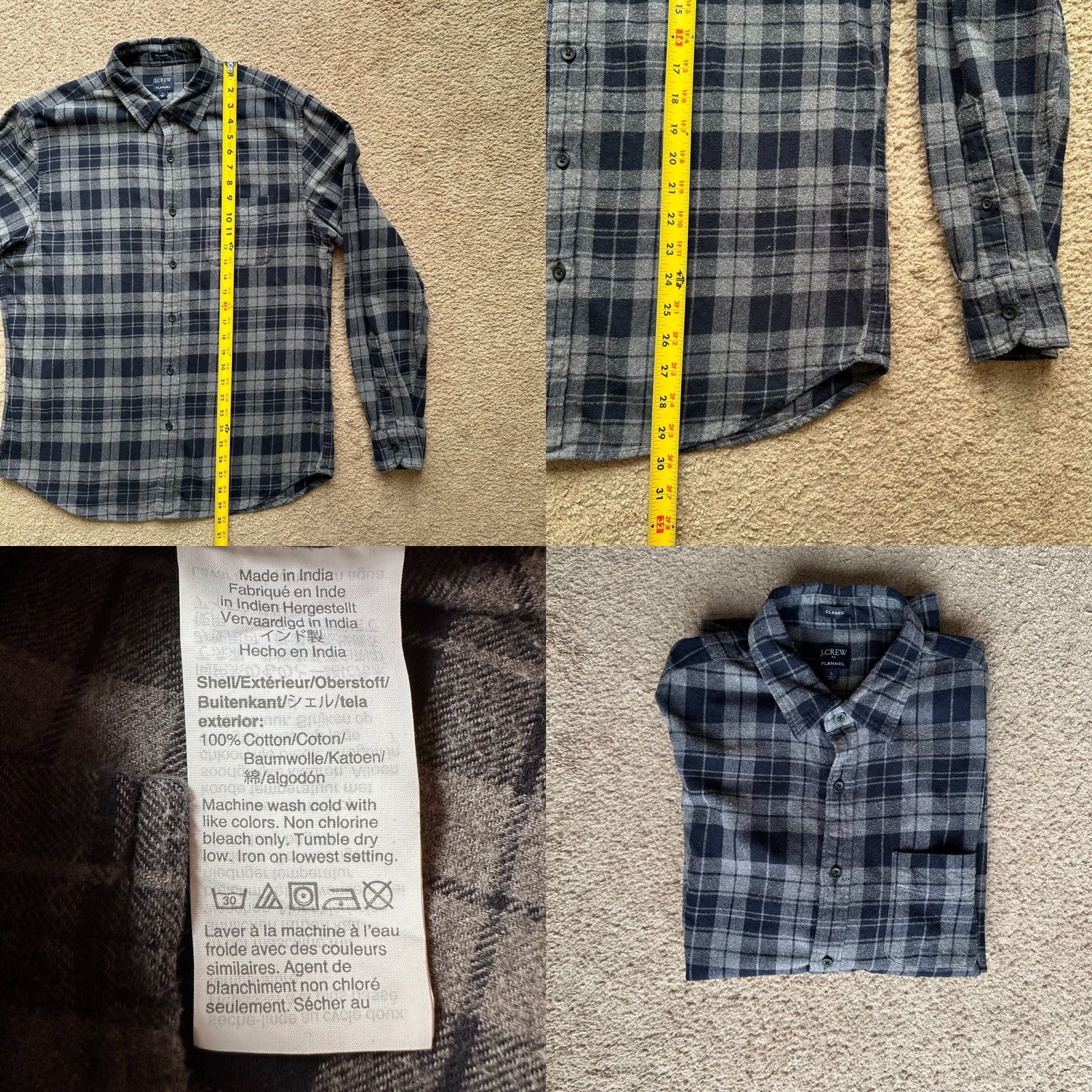 J.Crew J.CREW Shirt Mens Large Classic Flannel Point Collar Long Sleeve Grey Checks Size US L / EU 52-54 / 3 - 8 Thumbnail
