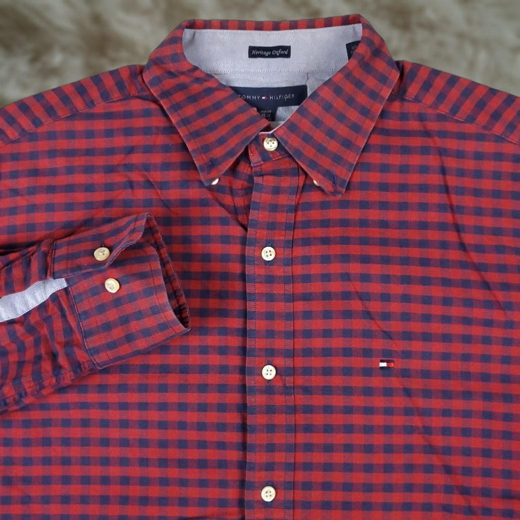 Tommy Hilfiger VINTAGE Tommy Hilfiger Shirt Mens 15.5 Blue Red Check Dress Button Up Long Sleeve Size 40R - 1 Thumbnail