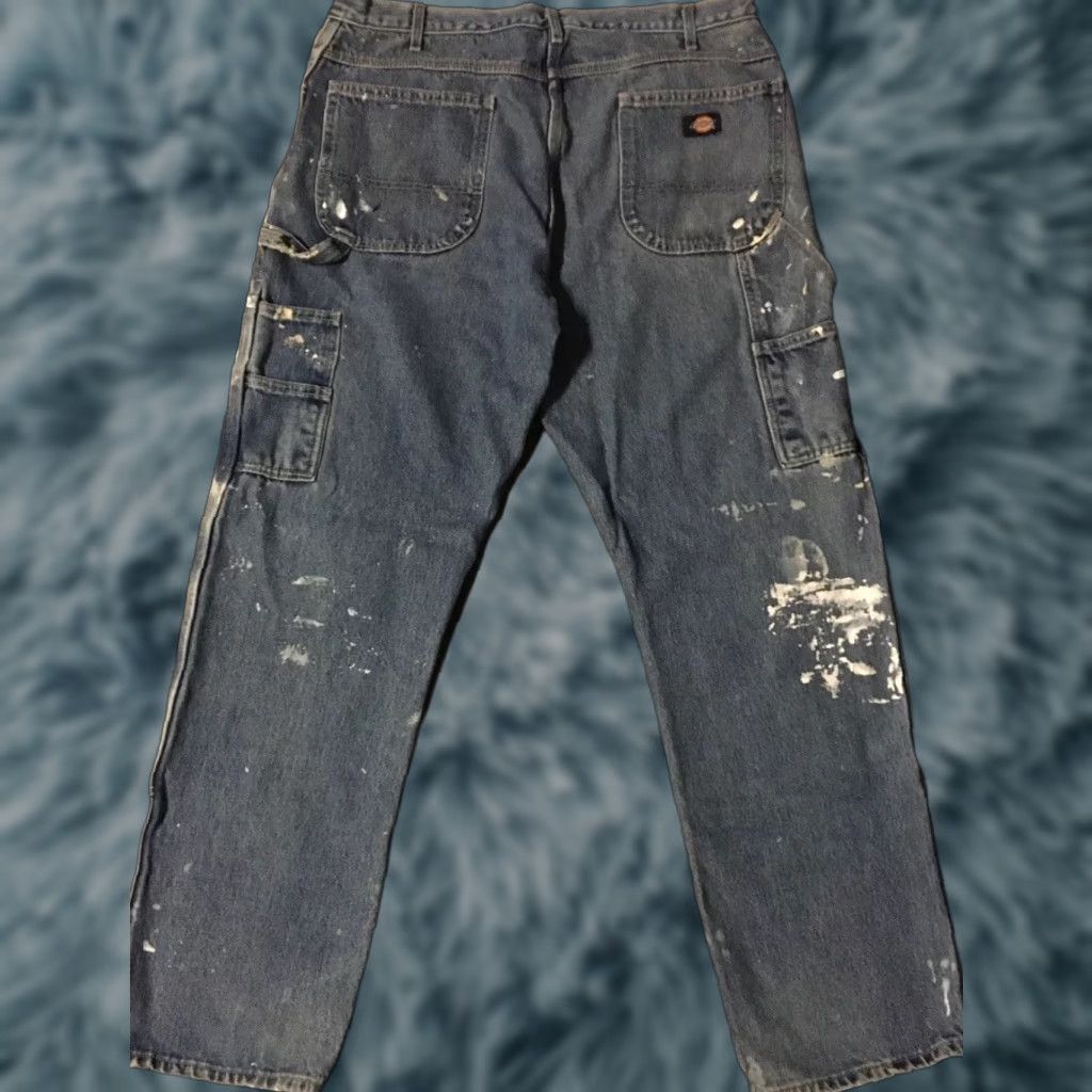 Dickies VINTAGE Dickies Thrashed Faded Distressed Double Knee Paint Jeans 38 Blue Denim Mens Jeans 90s Grunge Biker Work Trucker Destroyed Painted Splatter Size US 38 / EU 54 - 1 Thumbnail