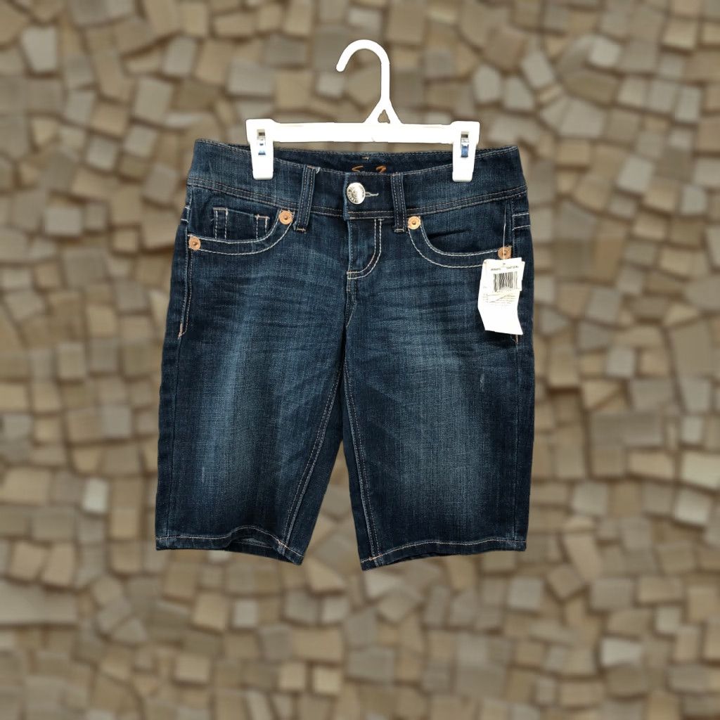 Vintage Seven7 Shorts Womens Bermuda Denim Dark Blue Jean Size 25 Mid Rise 5-Pocket Logo Angel Casual Womens Jeans Size 42" / US 20 - 1 Thumbnail
