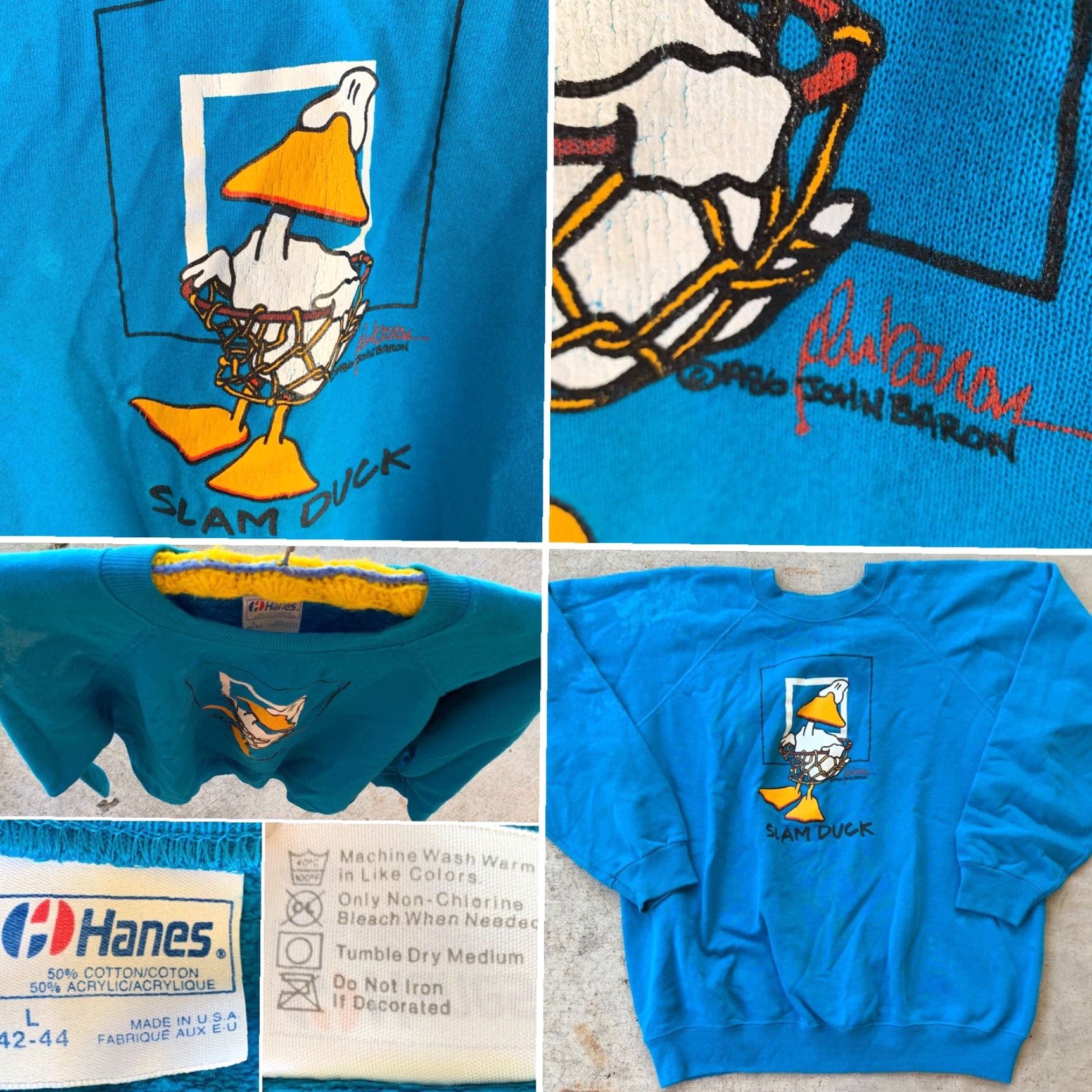 Hanes VINTAGE Hanes Sweatshirt Shirt Men L Blue 80s 1980s Basketball Slam Duck John Baron graphic print Size US L / EU 52-54 / 3 - 6 Thumbnail
