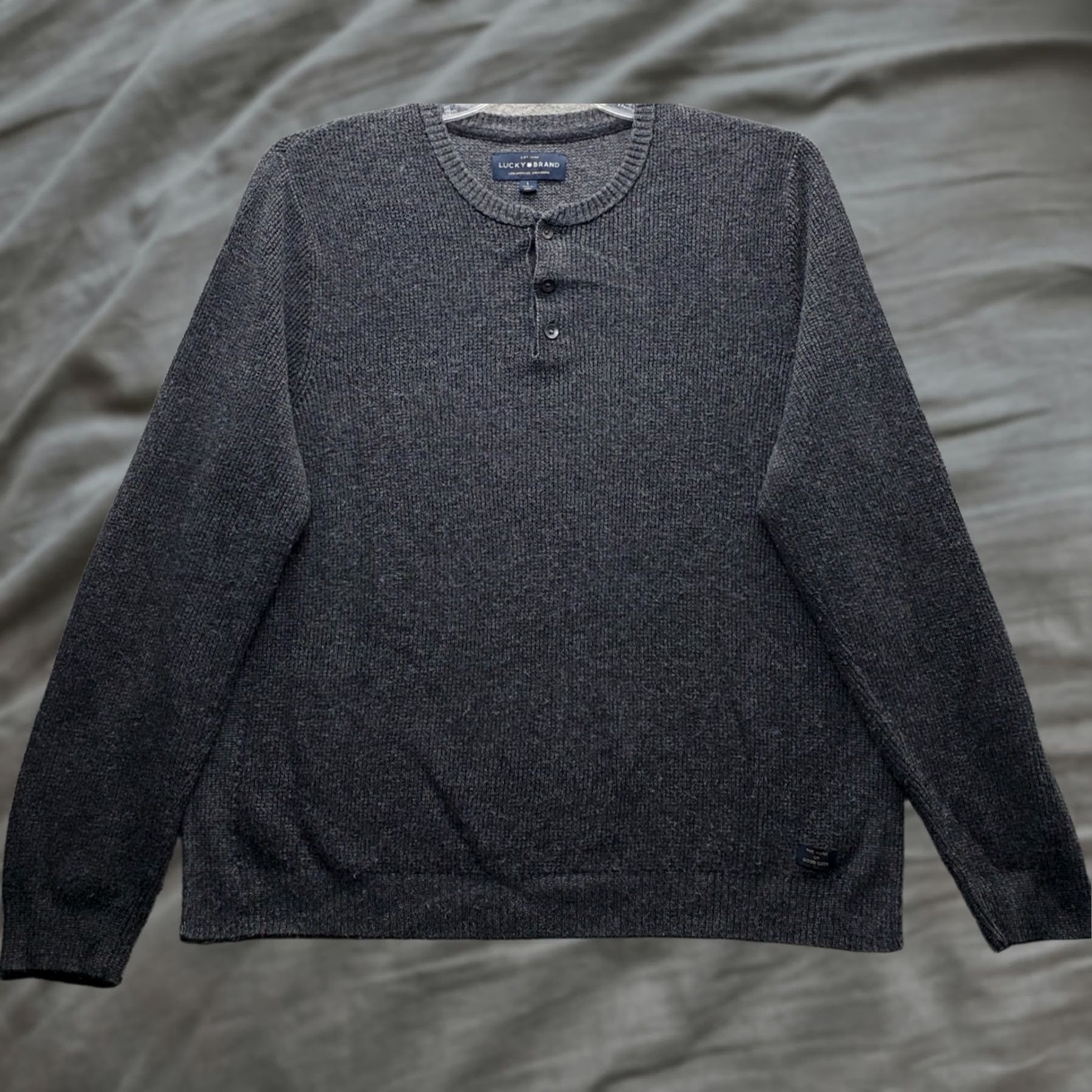 Lucky Brand Lucky Brand Colorado Cross Stitch Henley Sweater Mens L Heather Gray Crew Neck Size US L / EU 52-54 / 3 - 1 Thumbnail
