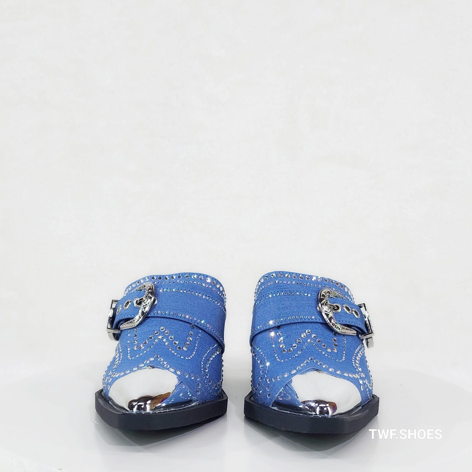 Other Vive Western Slip On Mules Blue Denim Rhinestones Metal Toe Size US 8 / IT 38 - 6 Thumbnail