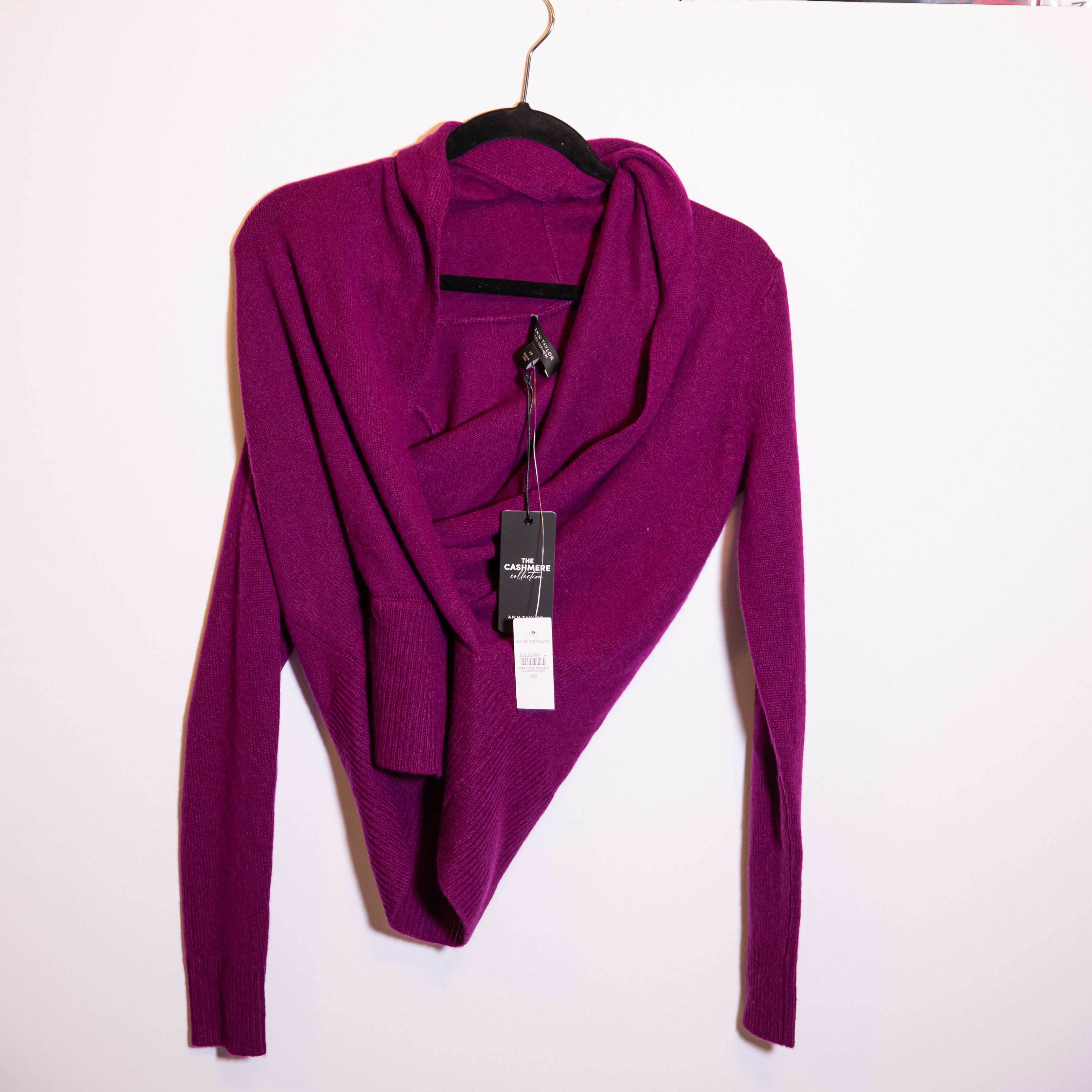 image of New Ann Taylor 100% Cashmere Knit Shawl Collar in Purple, Women's (Size XS)