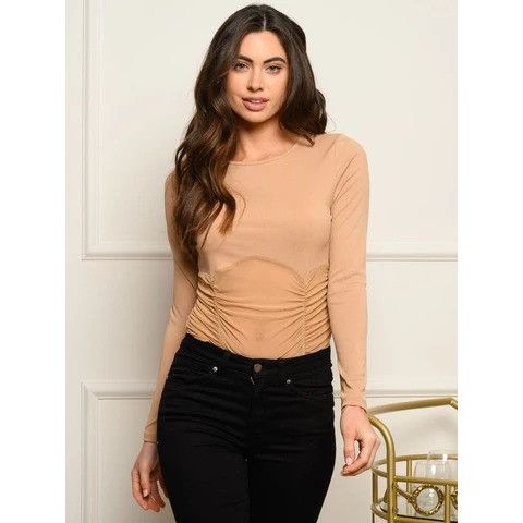Other Women’s Long Sleeve Ruched Mesh BODYSUIT Beige Size Large Size L / US 10 / IT 46 - 2 Thumbnail