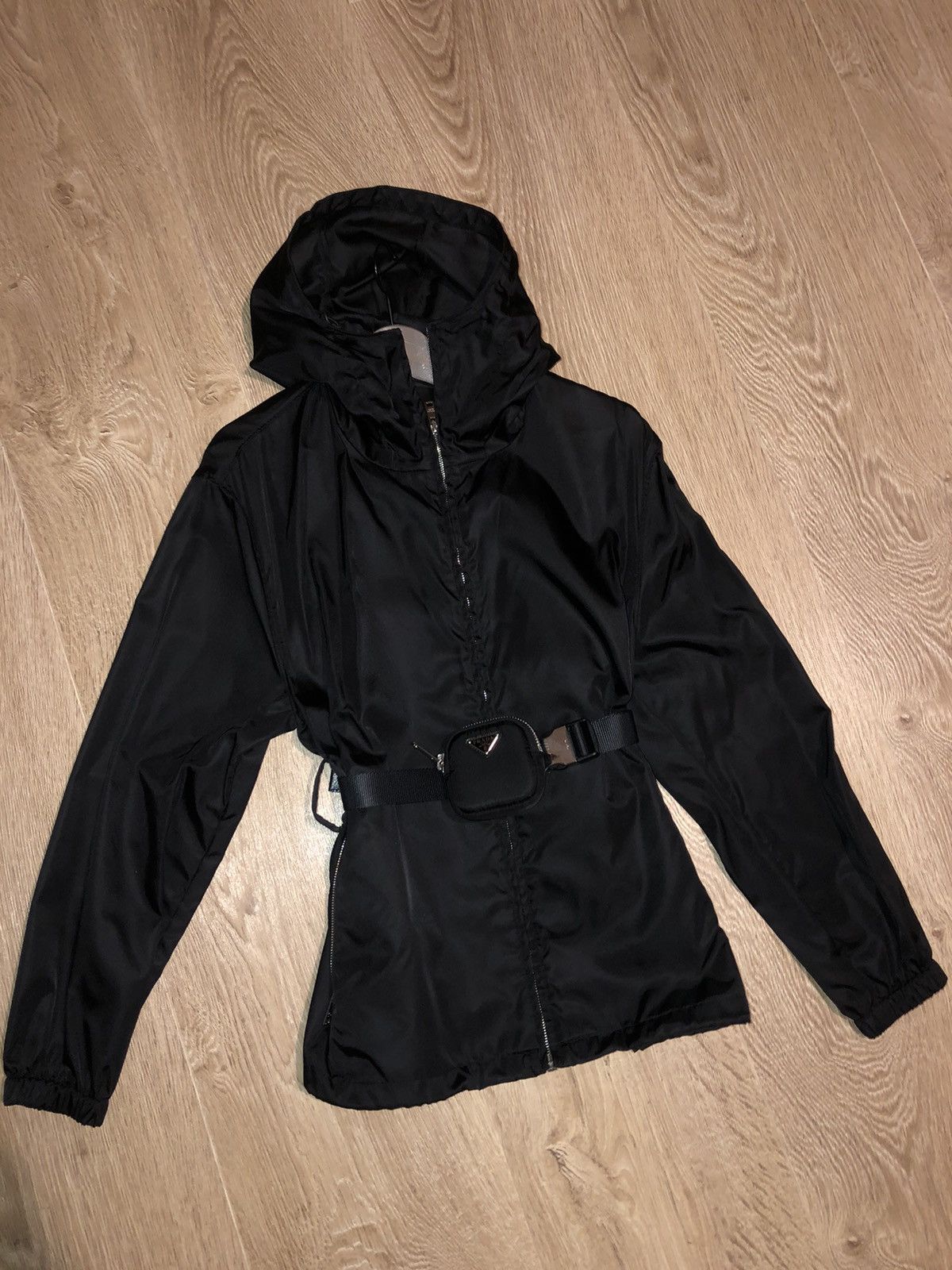 image of Prada Re-Nylon Hooded Blouson Jacket With Pouch in Black, Women's (Size Small)