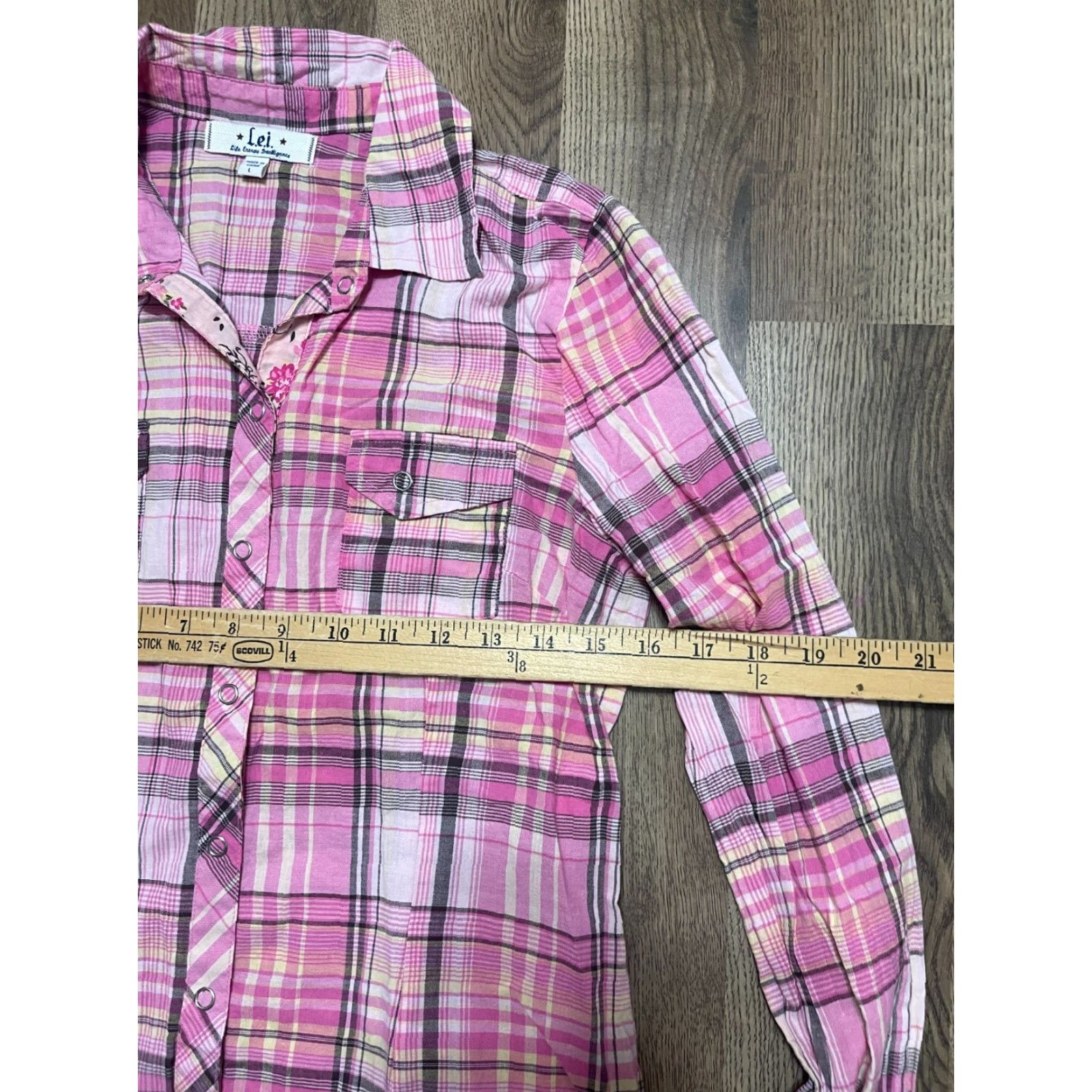 Vintage LEI Shirt Women's L Plaid Long Sleeve Button Up Black Pink Yellow White Casual Modern Collar/ button-Up 100% Size L / US 10 / IT 46 - 7 Thumbnail