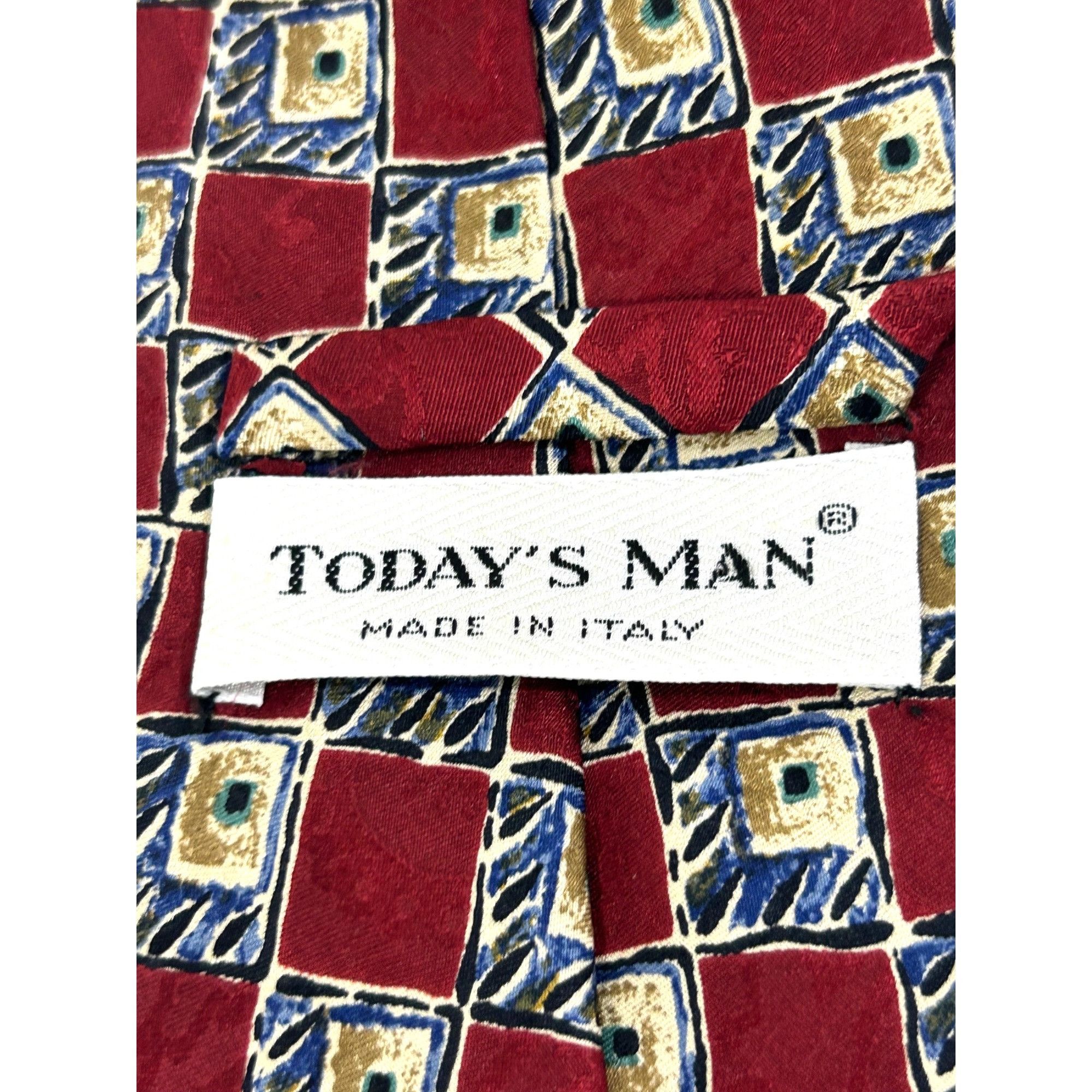 Other Today’s Man Silk Tie Vtg 90s Italy Geometric Checkered Burgu Size ONE SIZE - 4 Thumbnail
