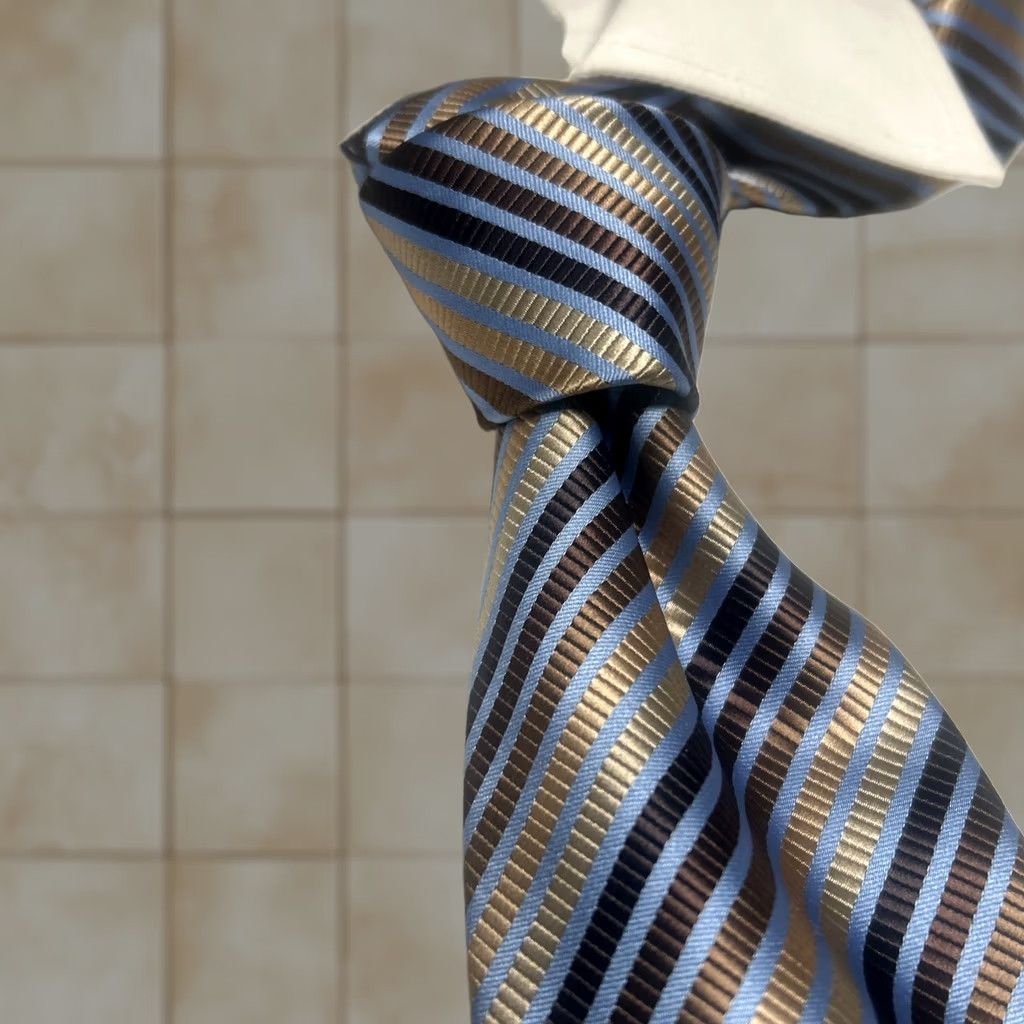 Vintage ALLEN SOLLY Men Luxury Striped Necktie Blue Brown 57" Silk Tie Geometric Designer 4" Width EUC Size ONE SIZE - 1 Thumbnail