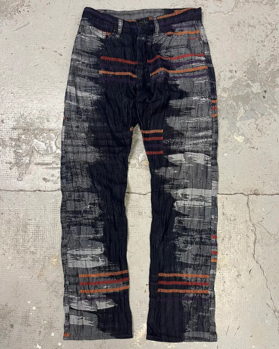 2000s Issey Miyake Navy & Grey Color Stripes Relief Pants