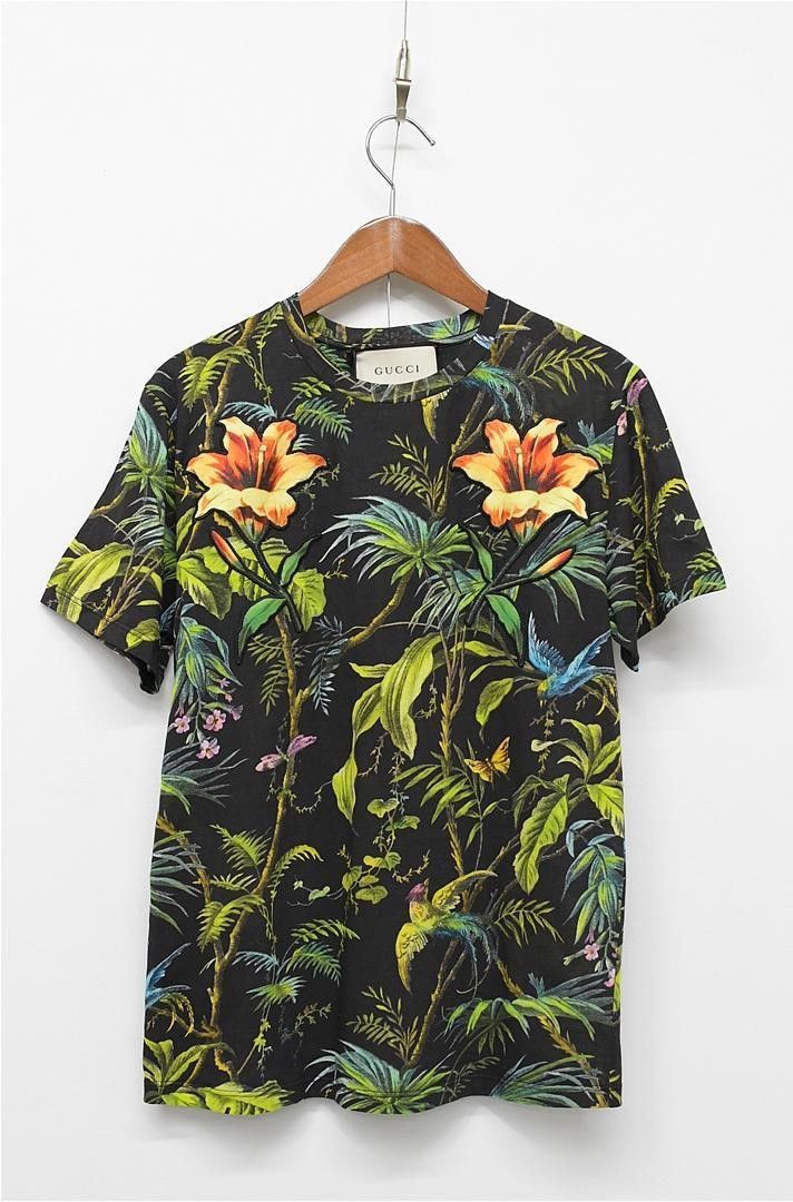 image of Gucci Short Sleeve T-Shirt Tropical All Over Pattern Xs in Black/Green, Men's