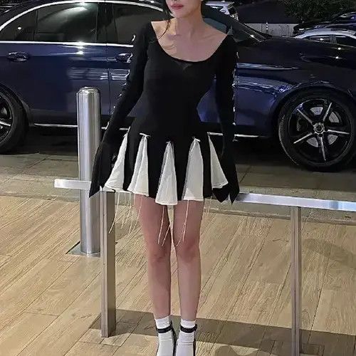 Autumn Black Mini Dress For Women Patchwork Flare