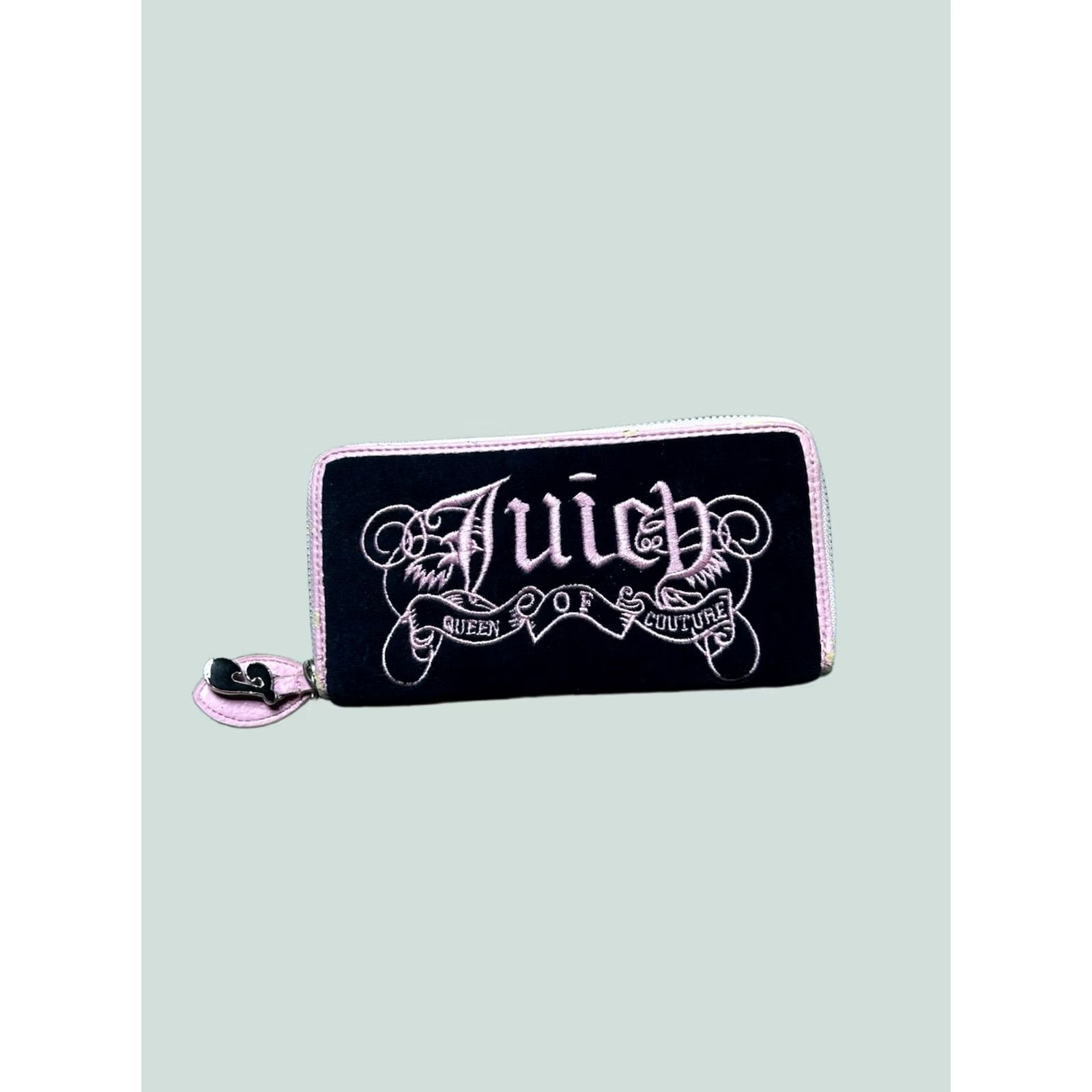 Juicy Couture Juicy Couture Wallet Zip Clutch Wristlet Black Velvet Embroidered Pink Womens Size ONE SIZE - 1 Thumbnail