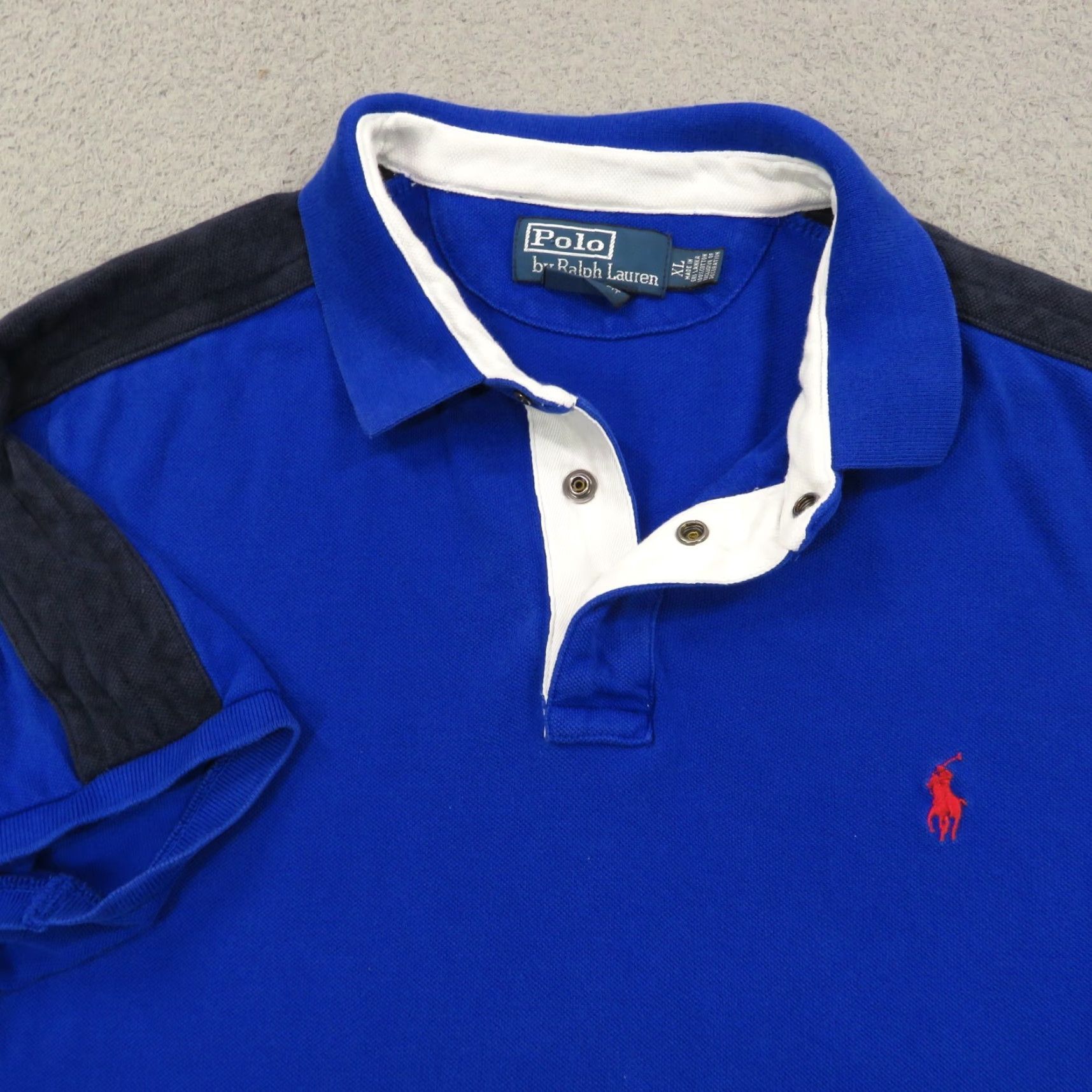 Polo Ralph Lauren VTG Polo Ralph Lauren Shirt Mens XL Blue Black Rugby Snap Collar Padded Shoulder Collared Short Sleeve Knit 100% Cotton Logo Embroidered USA 90s Size US XL / EU 56 / 4 - 2 Thumbnail