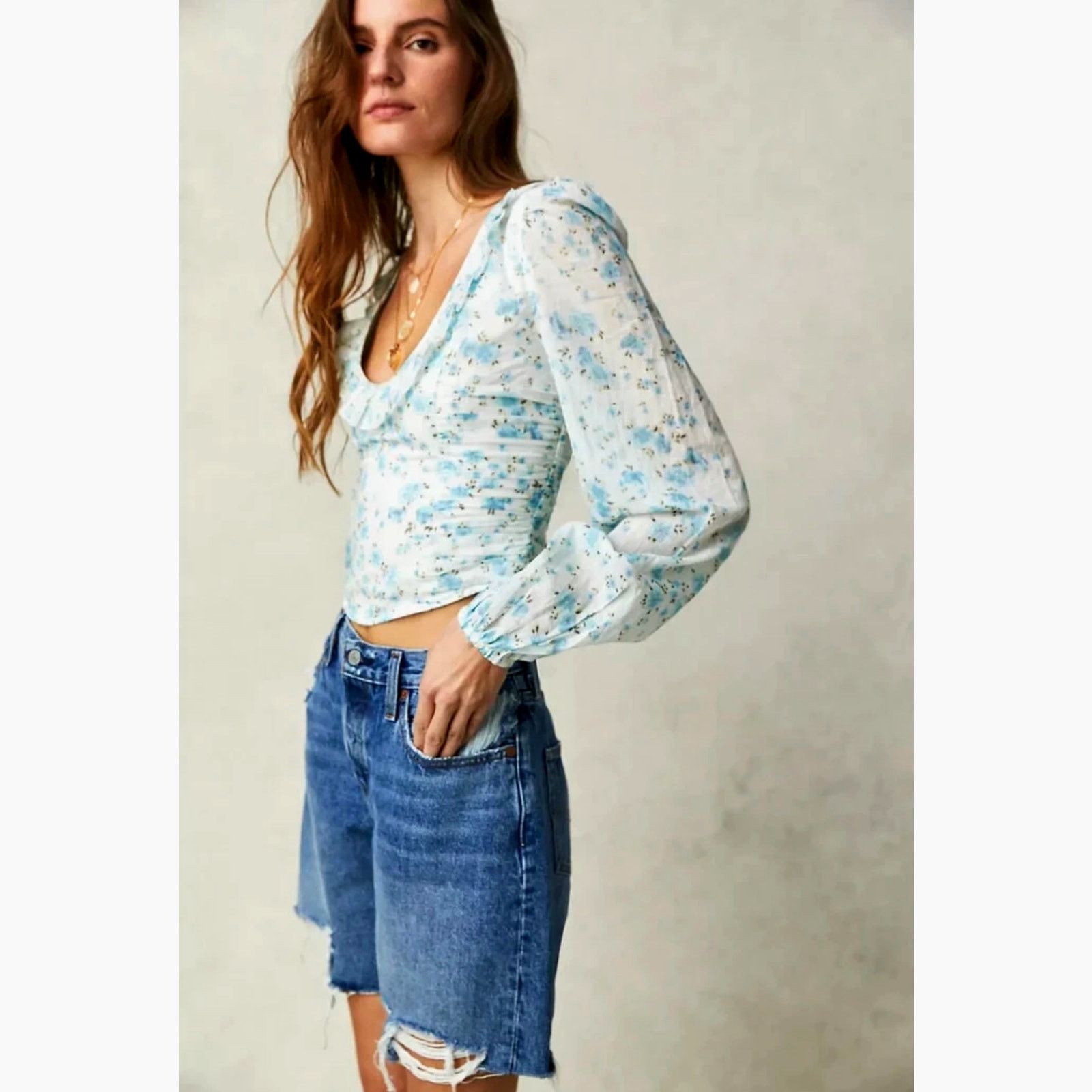 Free People Free People Another Life Top White Combo Blue Floral Print L Size L / US 10 / IT 46 - 5 Thumbnail