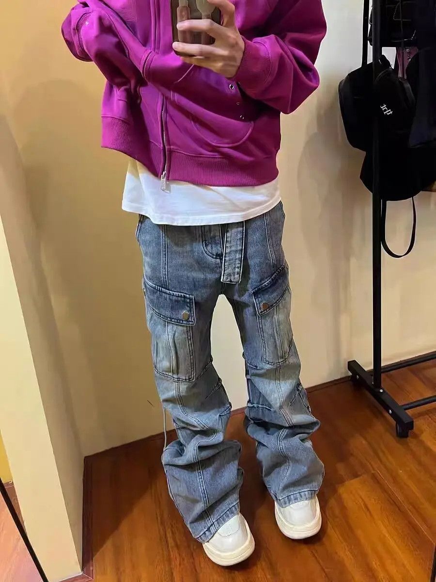 image of Heavy-Duty Washed Distressed Pocket Cargo Straight-Leg Jeans in Blue, Men's (Size 32)