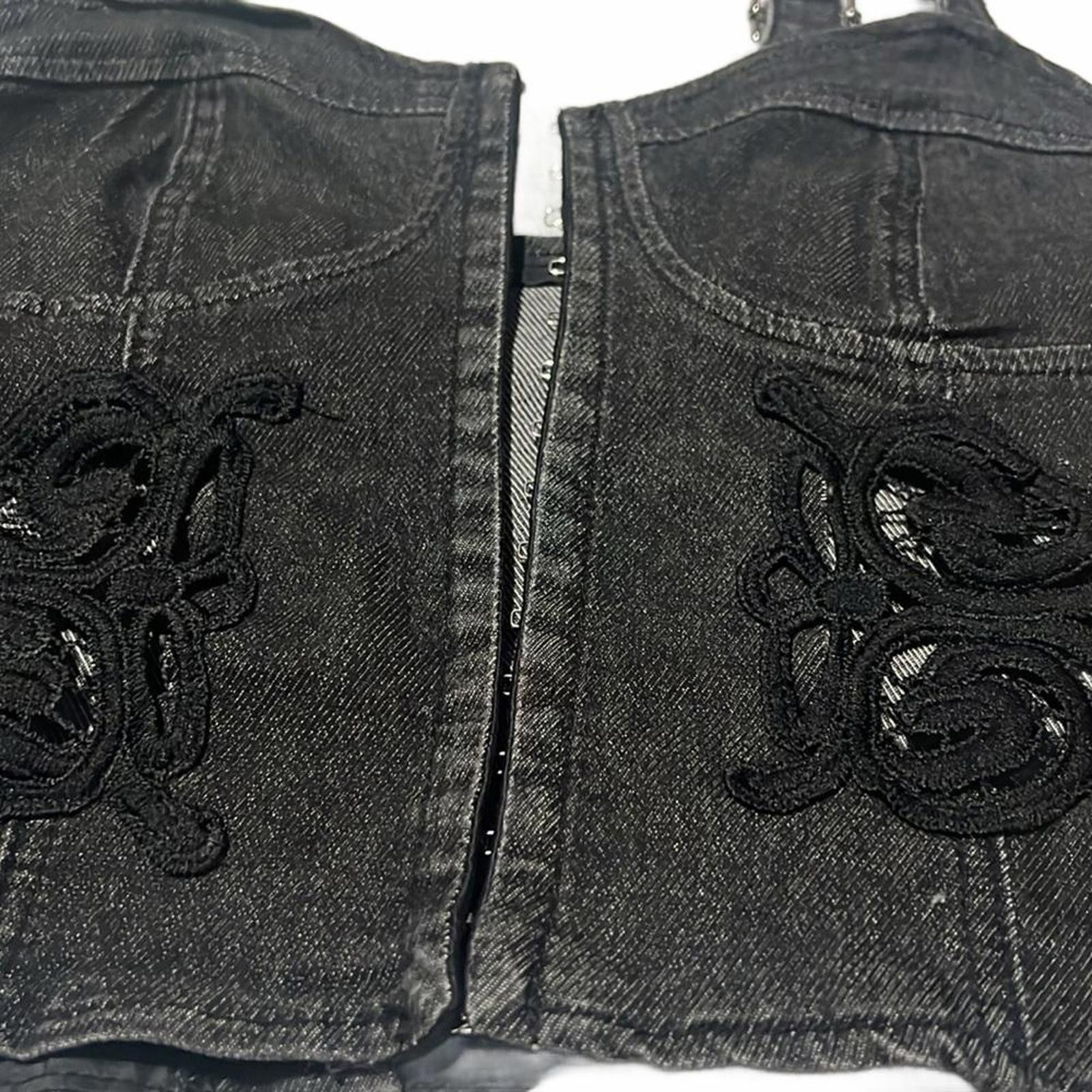 Designer Boho harmony corset crop top denim lace vintage lace crochet Size XXL / US 16-18 / IT 52-54 - 3 Thumbnail