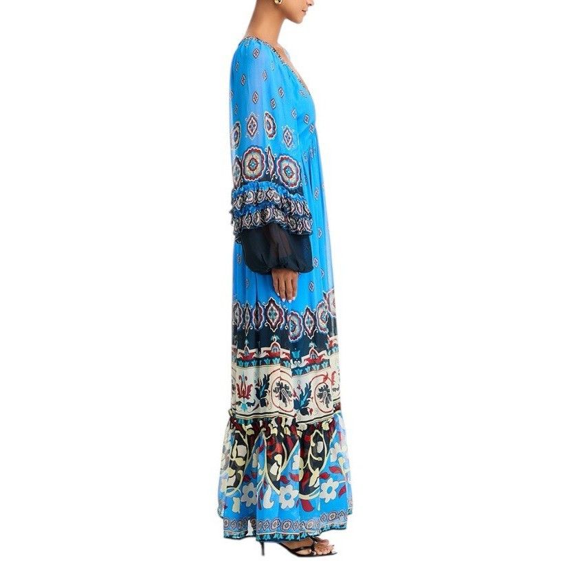 Farm Rio Farm Rio Anika Tiles Cerulean Blue Maxi Dress Long Sleeve V- Size XS / US 0-2 / IT 36-38 - 4 Thumbnail