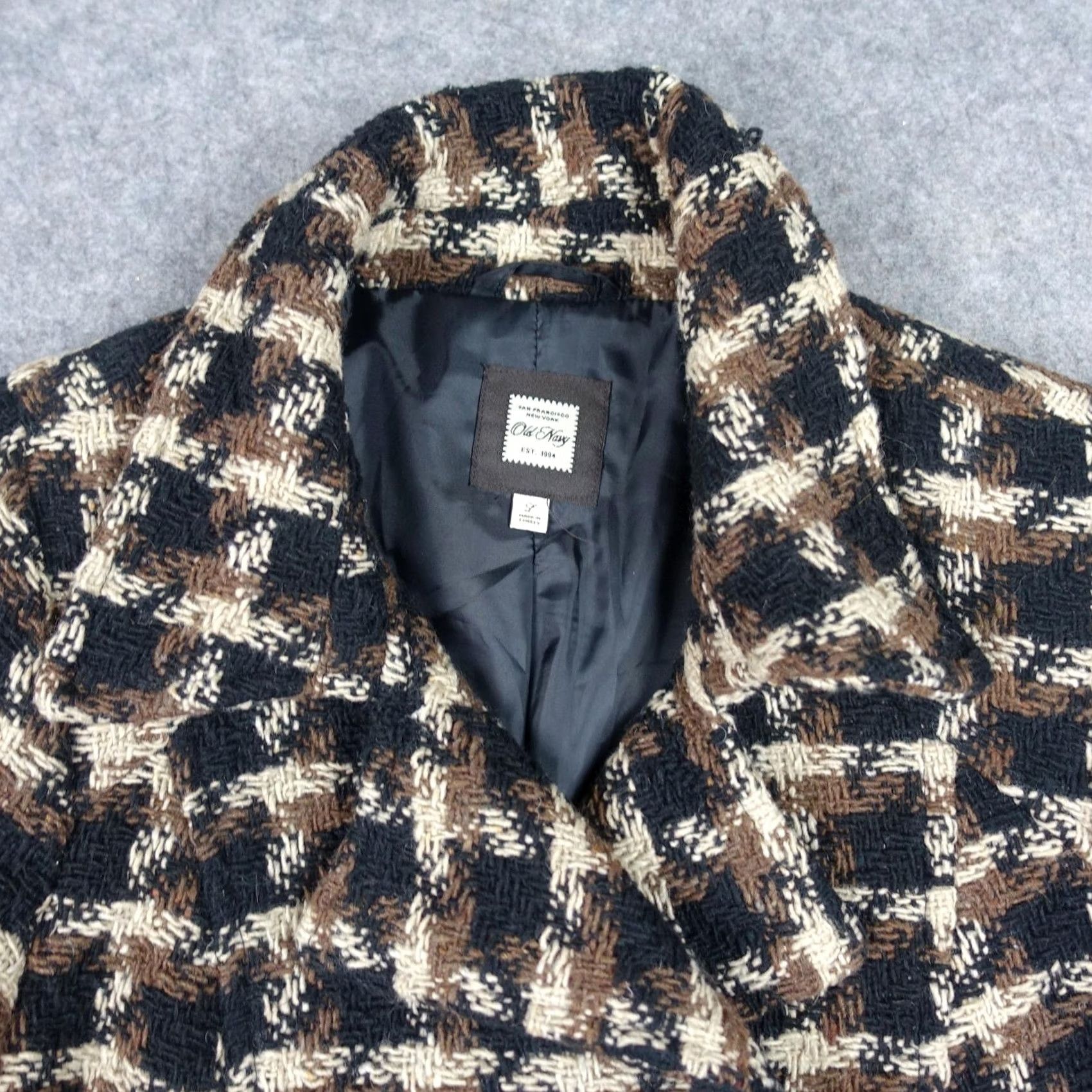 Old Navy VINTAGE Old Navy Coat Womens L Black Tweed Pea Coat Wool Blend Houndstooth Mid-Length Pockets Button Collared Lined Size L / US 10 / IT 46 - 2 Thumbnail