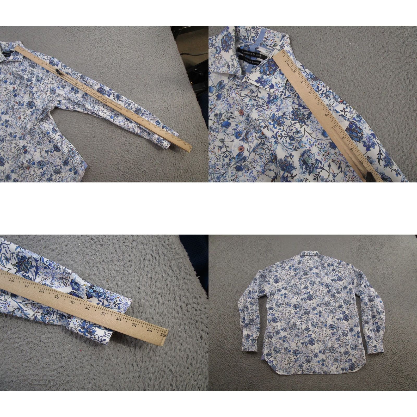 Vintage HAMMER MADE Button-Down Dress Shirt Mens Floral Blue 100% Cotton 42/16.5 Size 42R - 8 Thumbnail
