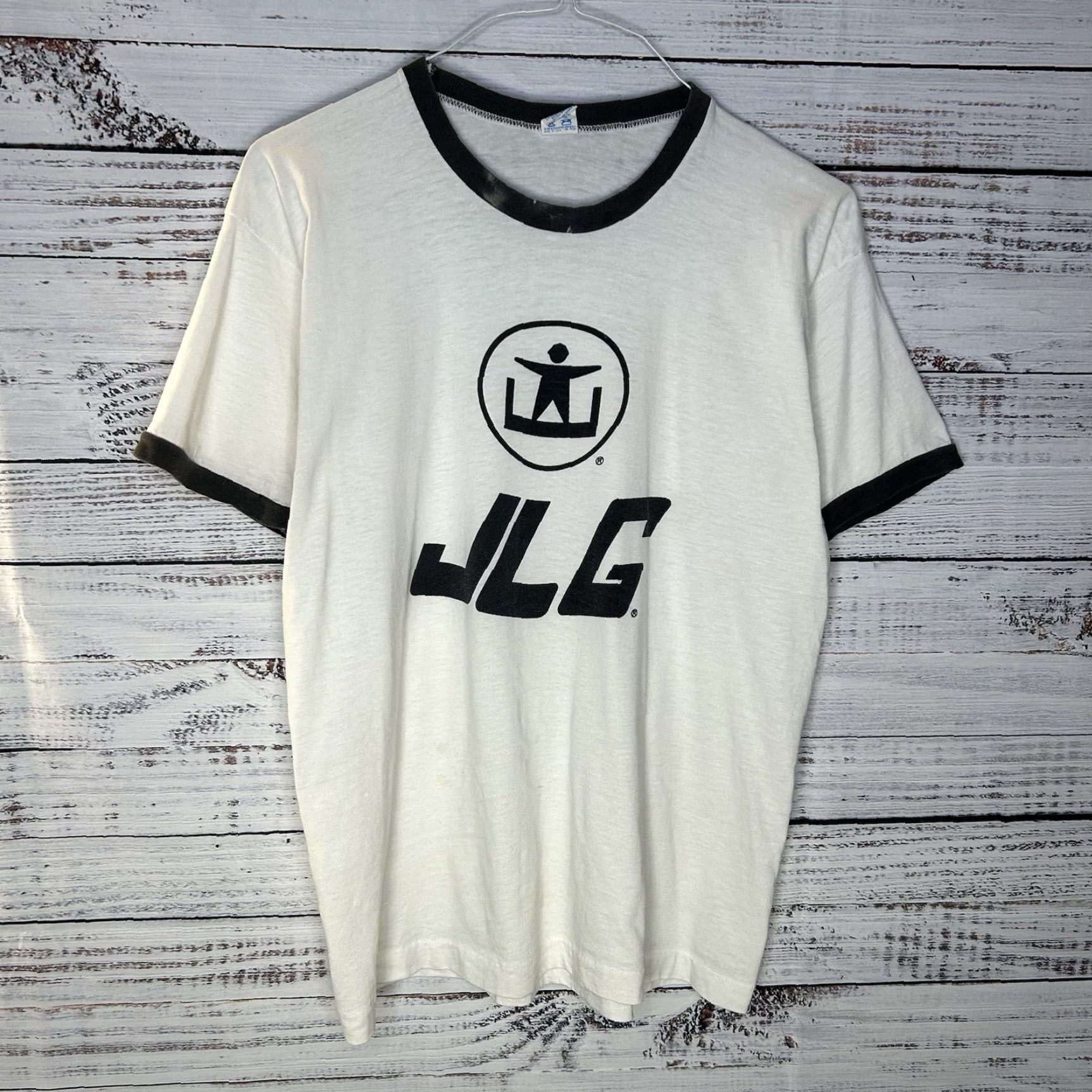 Champion Vtg 80s JLG Industries Construction Equipment Paper Thin Ringer T-Shirt Medium Mens Ivory 90s Colorful Champion Shirt Tee (Men) Size US M / EU 48-50 / 2 - 4 Thumbnail