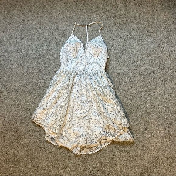 NBD Revolve Women's Lace Dress White Black Open Back Romper