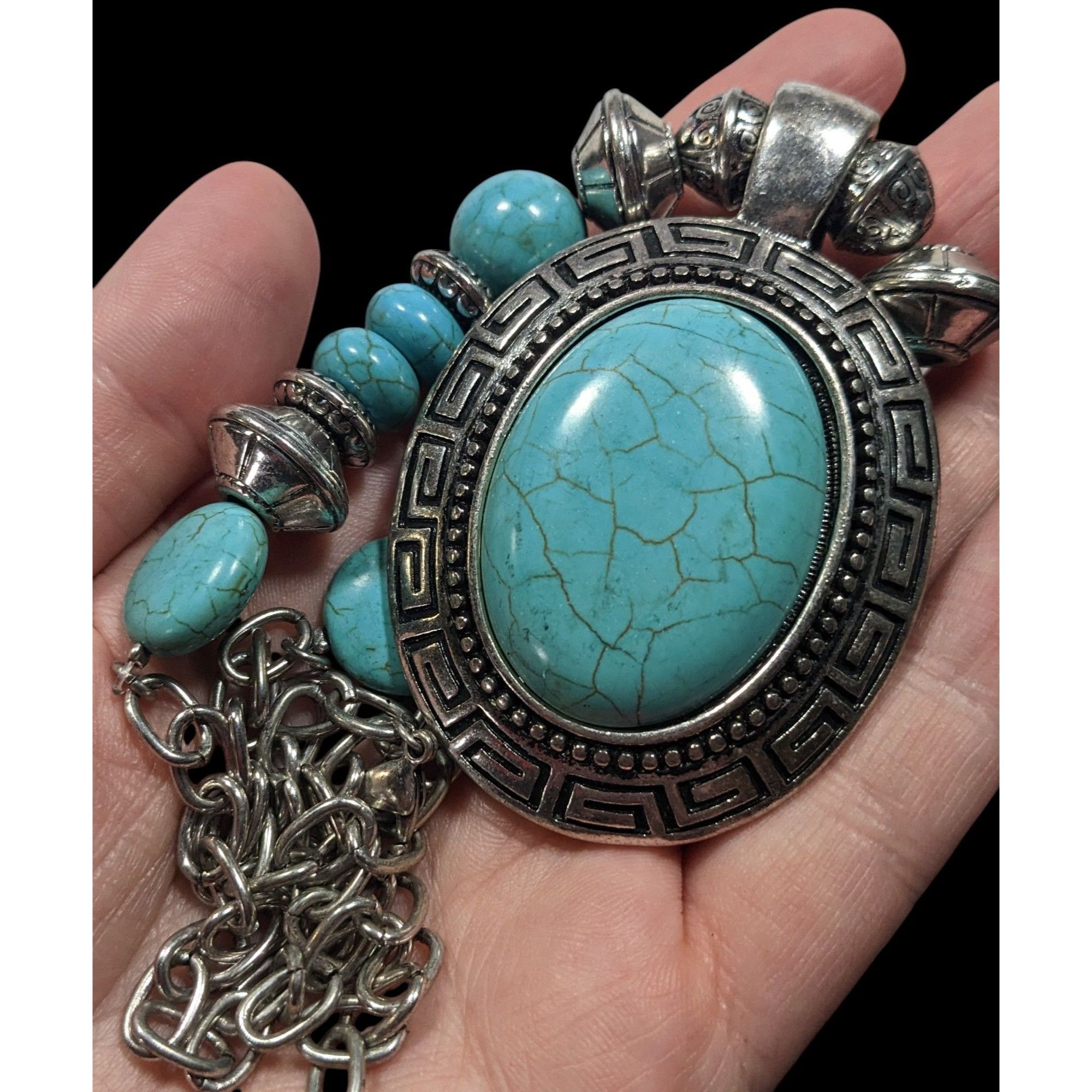Other Bohemian Faux Turquoise Silver Tone Medallion Necklace Size ONE SIZE - 5 Thumbnail