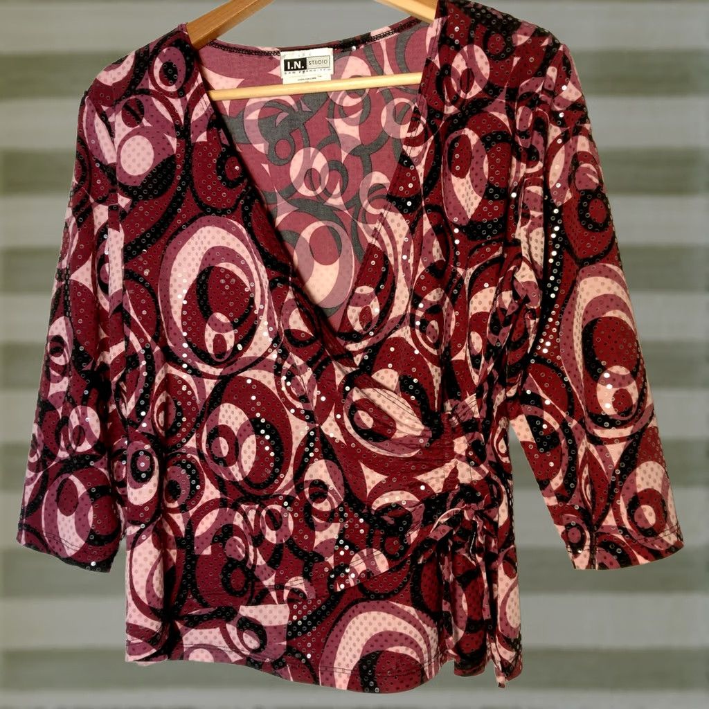 Vintage VINTAGE I.N. Studio Faux Wrap Shirt Womens XL Purple Sequin Swirl 3/4 Sleeve V-Neck Tie Y2K Size XL / US 12-14 / IT 48-50 - 1 Thumbnail