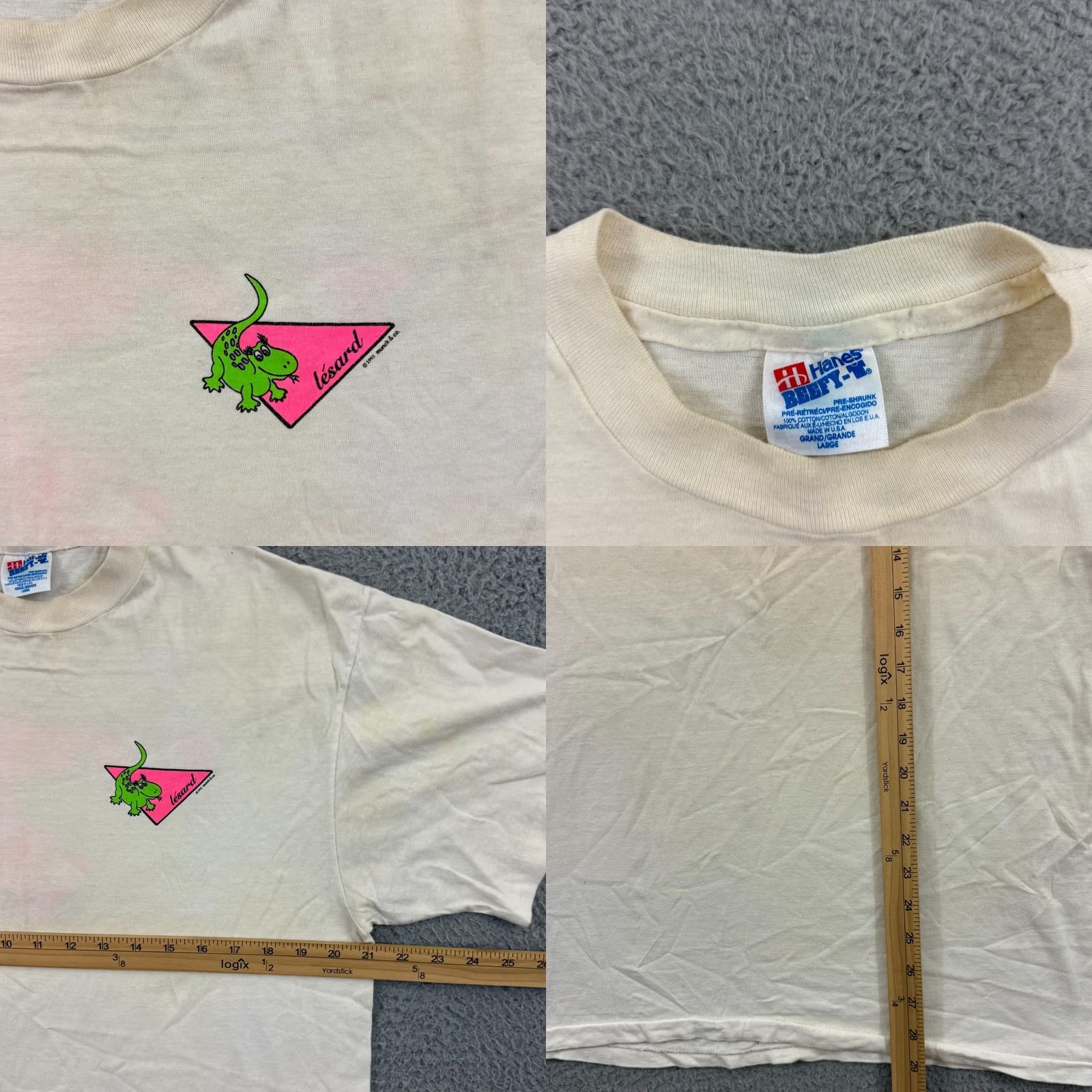 Hanes VINTAGE Hanes T-Shirt Adult Large White Crew Neck Short Sleeve 90s Dinosaur USA Mens Size US L / EU 52-54 / 3 - 8 Thumbnail