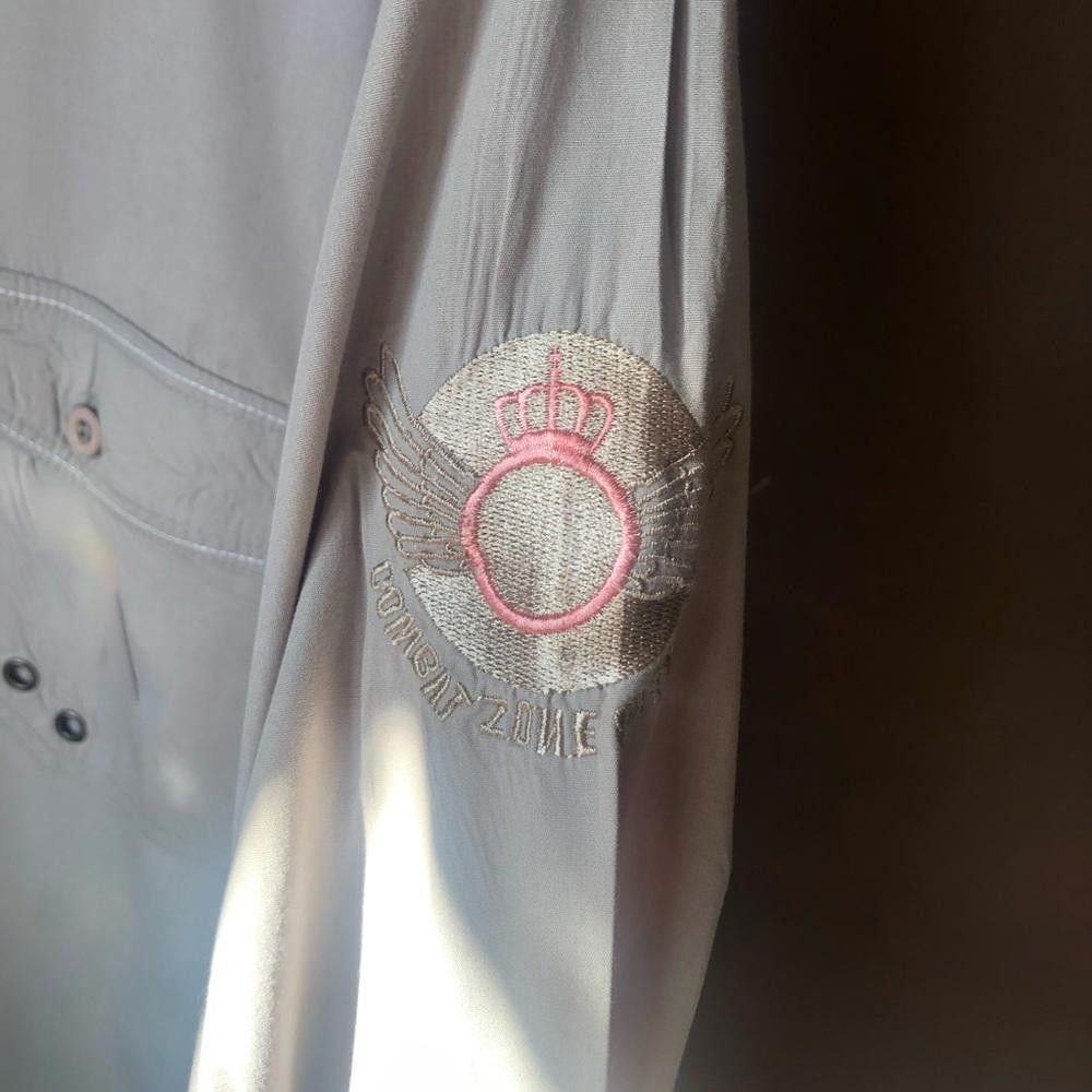 NBDN Nobrandedon Top shirt button down grey with naval designs Size 44R - 6 Thumbnail