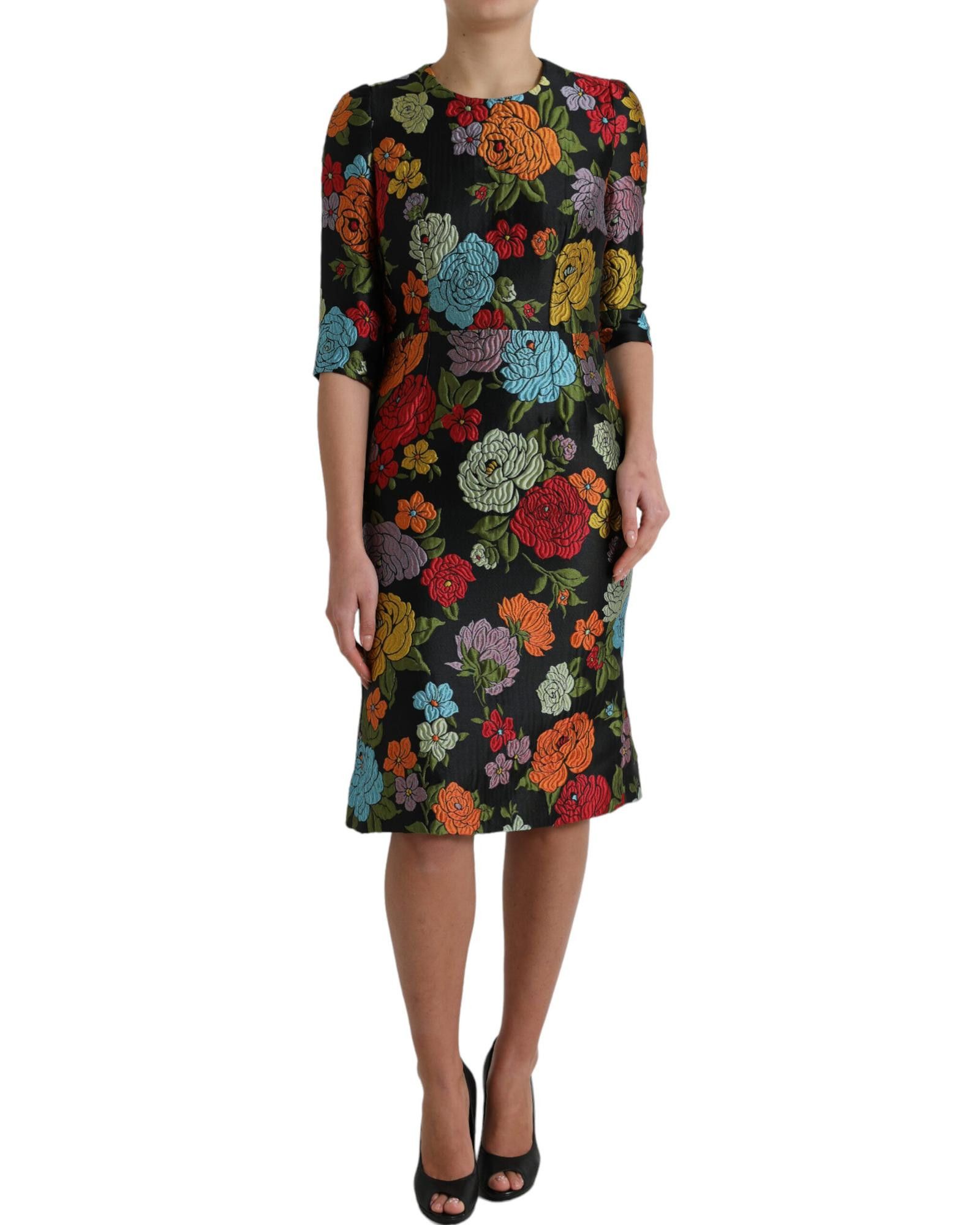 image of Dolce Gabbana Floral Embroidery Knee Length Dress in Black, Women's (Size Small)