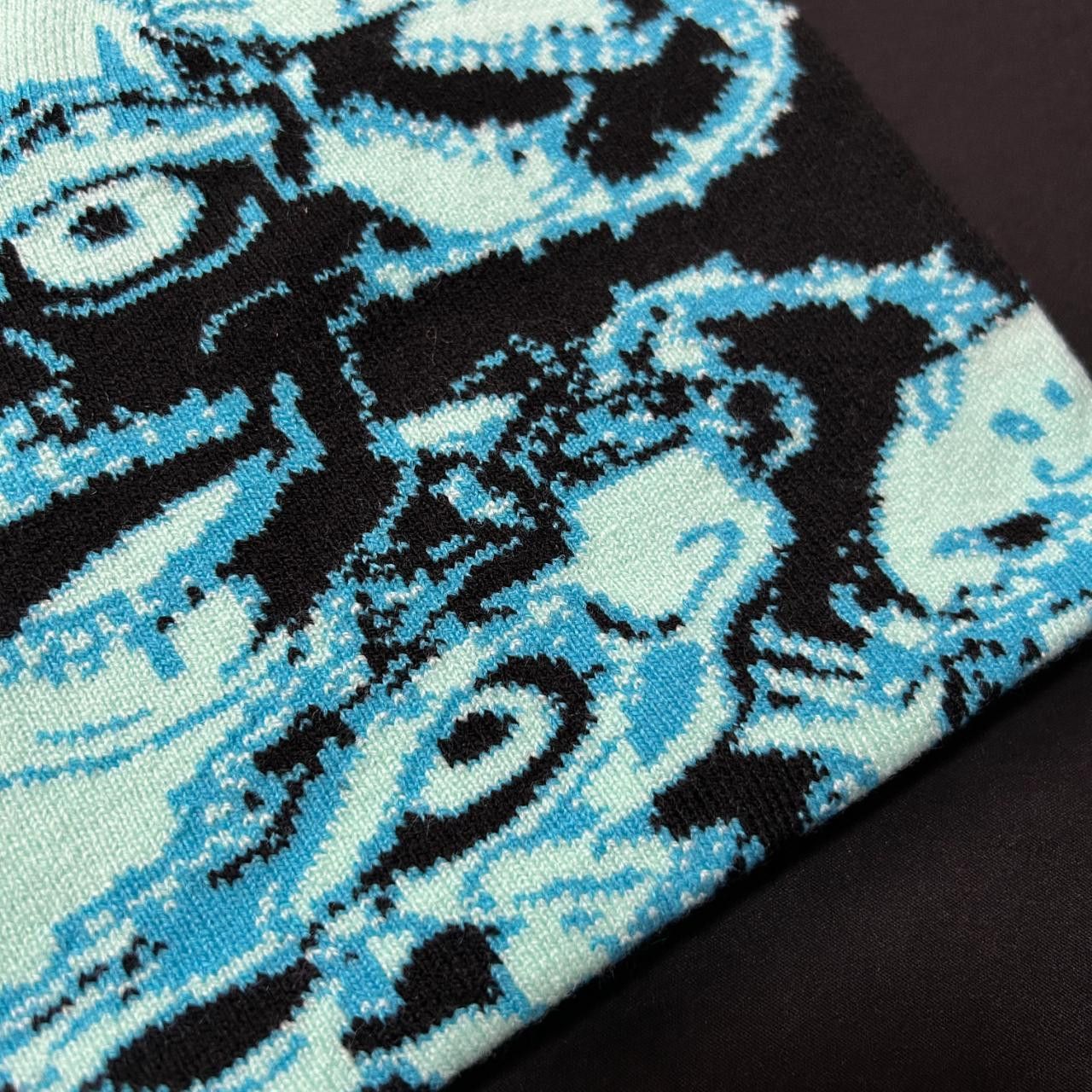Japanese Brand Repeating Skull Pile Graphic No Cuff Knit Beanie Blue Hat Size ONE SIZE - 6 Thumbnail