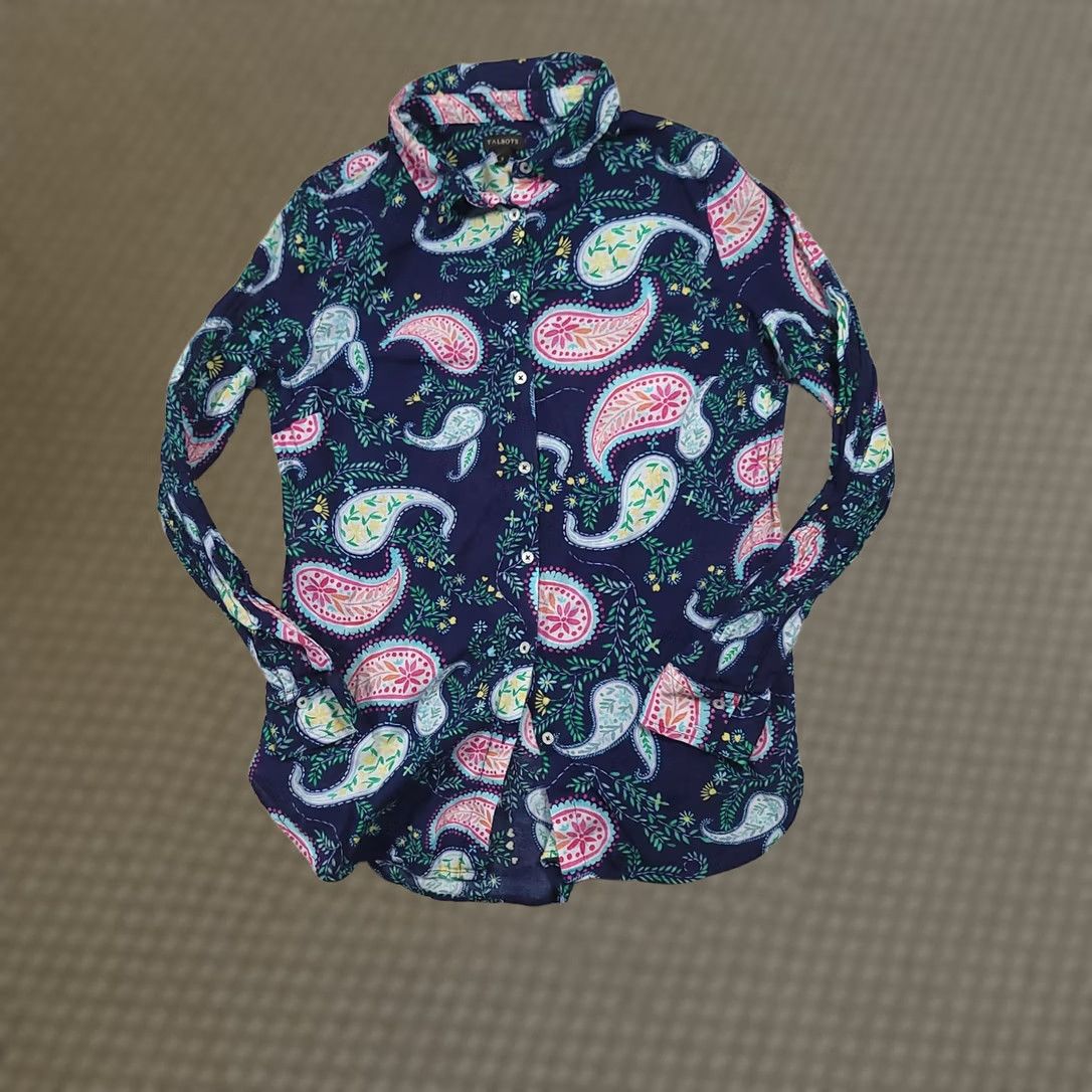 Talbots Talbots Shirt Womens Small Navy Paisley Button Front Long Sleeve Cotton Top Size S / US 4 / IT 40 - 1 Thumbnail