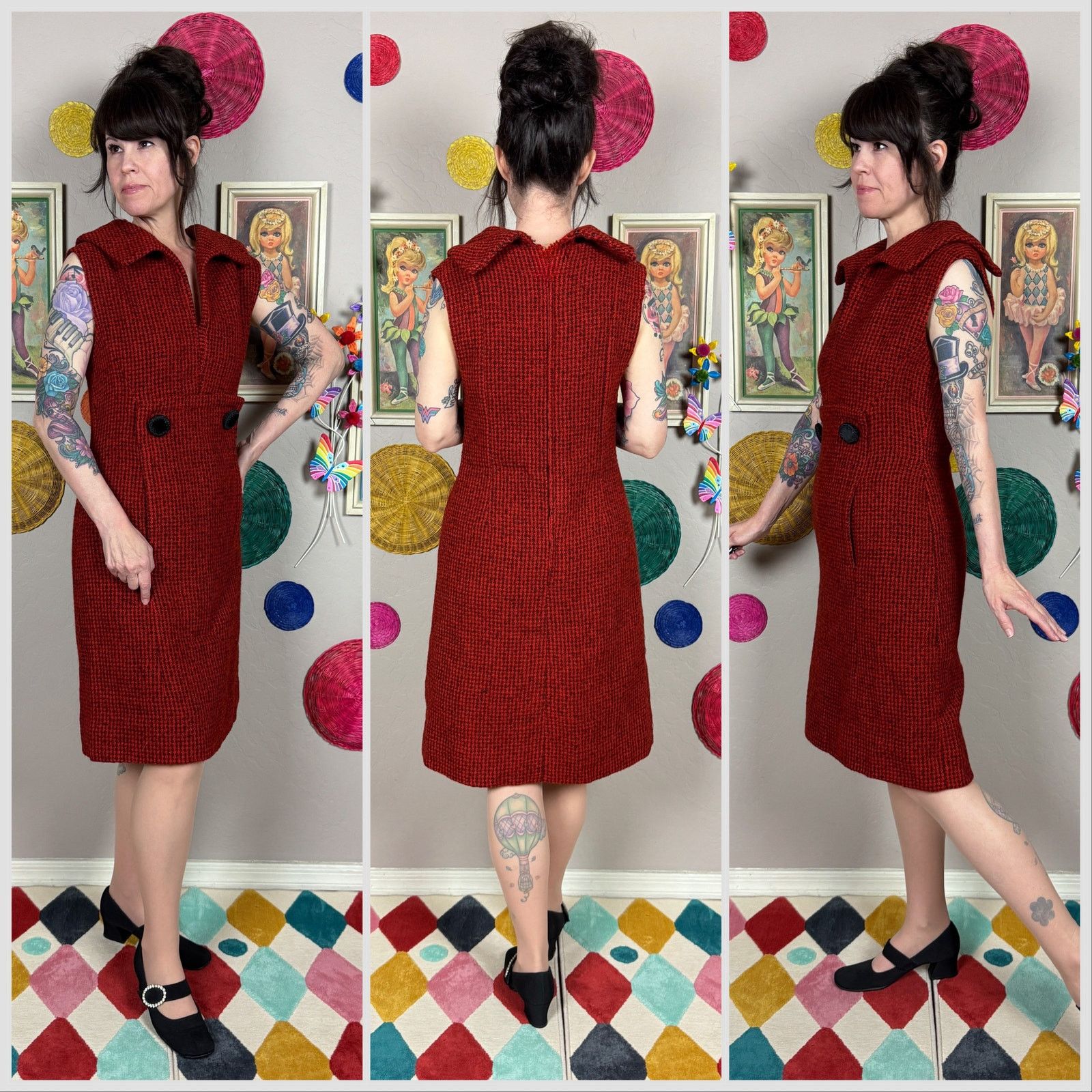 Vintage Vintage 1960s Red and Black Sleeveless Tweed A-Line Dress Size S / US 4 / IT 40 - 2 Thumbnail