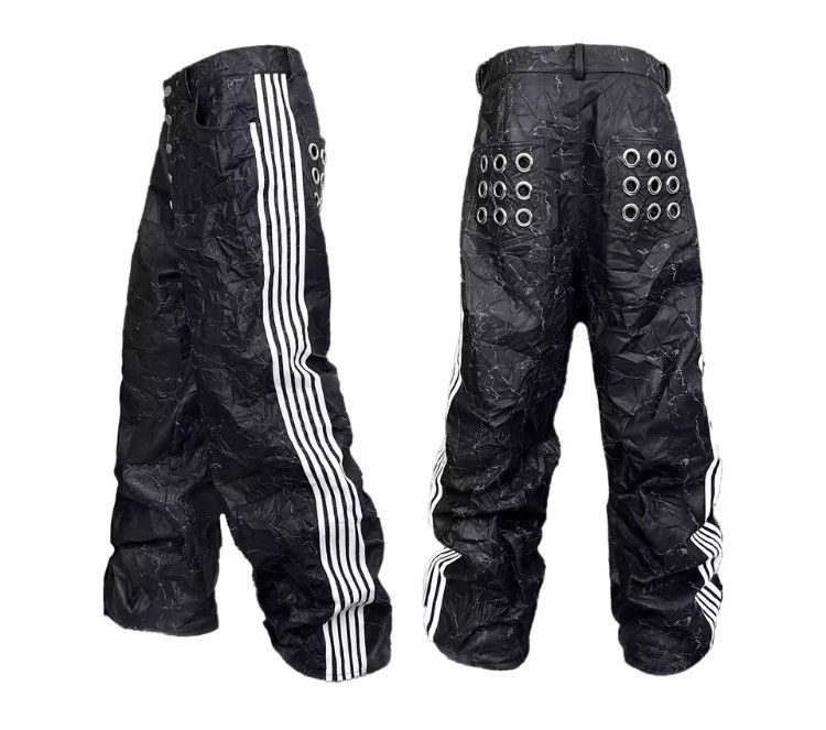 Japanese Brand Y2K Distressed PU Leather Track Pants -Baggy Stripe Wide Leg Size US 30 / EU 46 - 1 Thumbnail