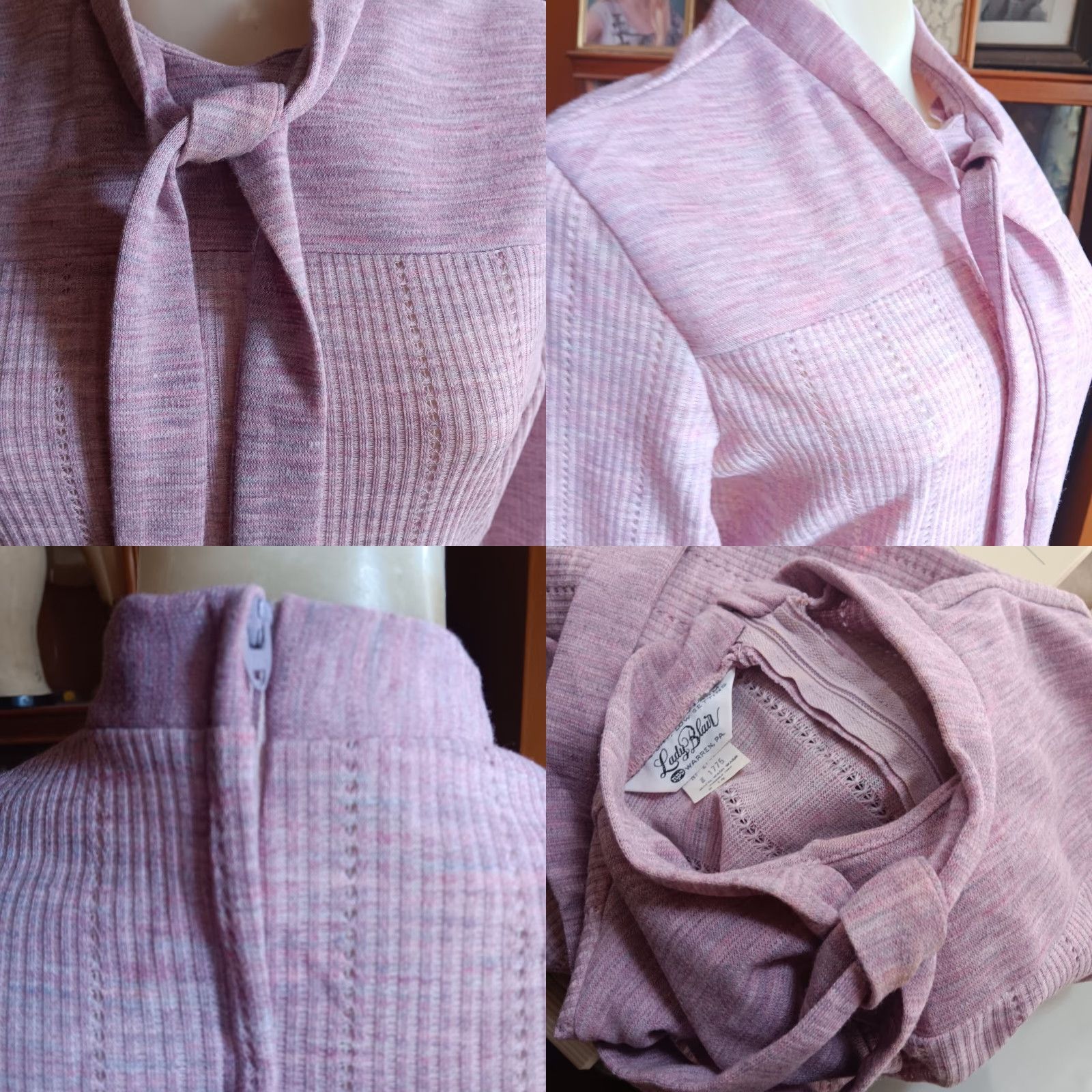 VINTAGE Lady Blair Pink Textured Knit Long Sleeve Dress Tie Neck Size 14 1970s Womens