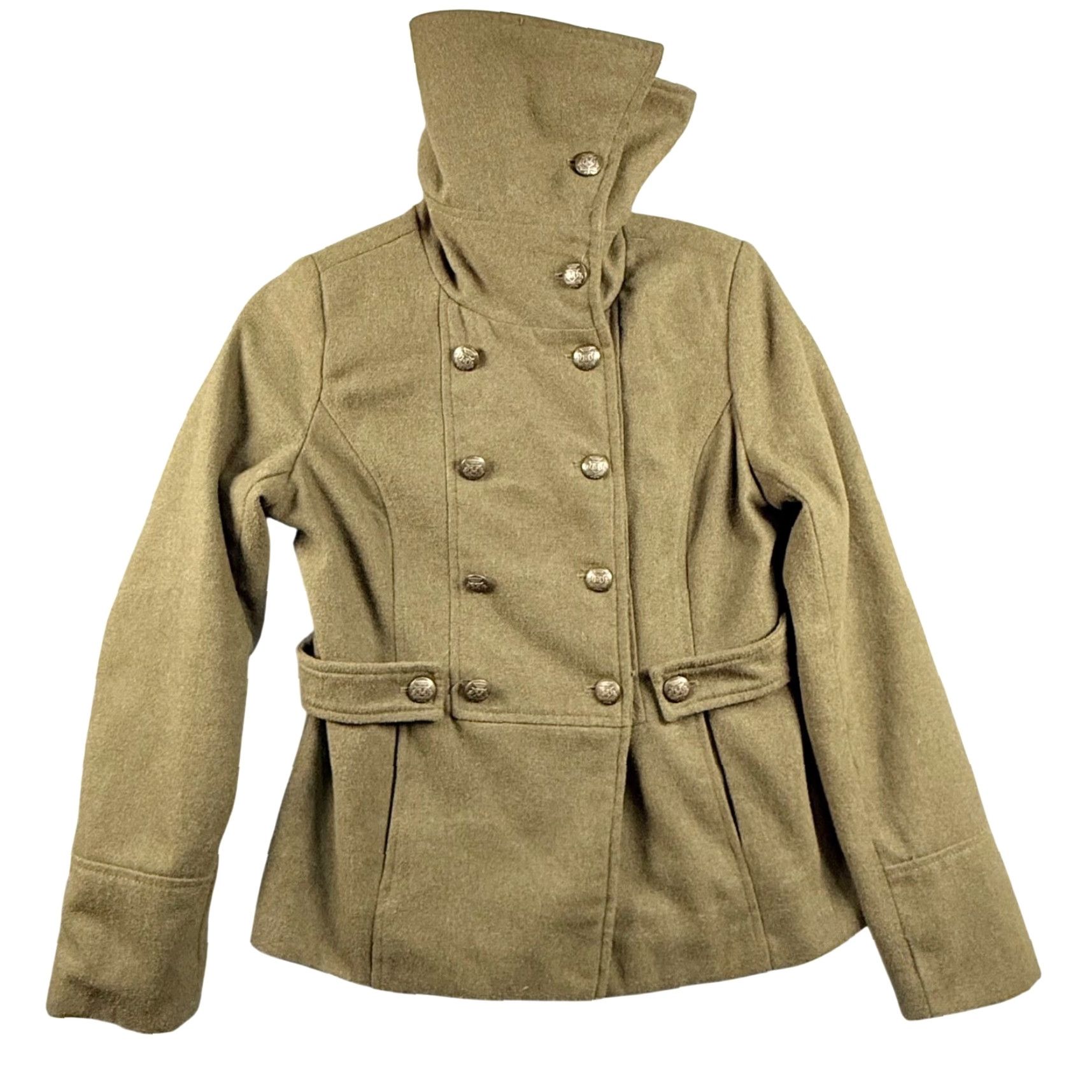 Vintage Coffeeshop Olive Green Wool Blend Pea Coat Womens Small Funnel Neck Double Breasted Button Size S / US 4 / IT 40 - 2 Thumbnail